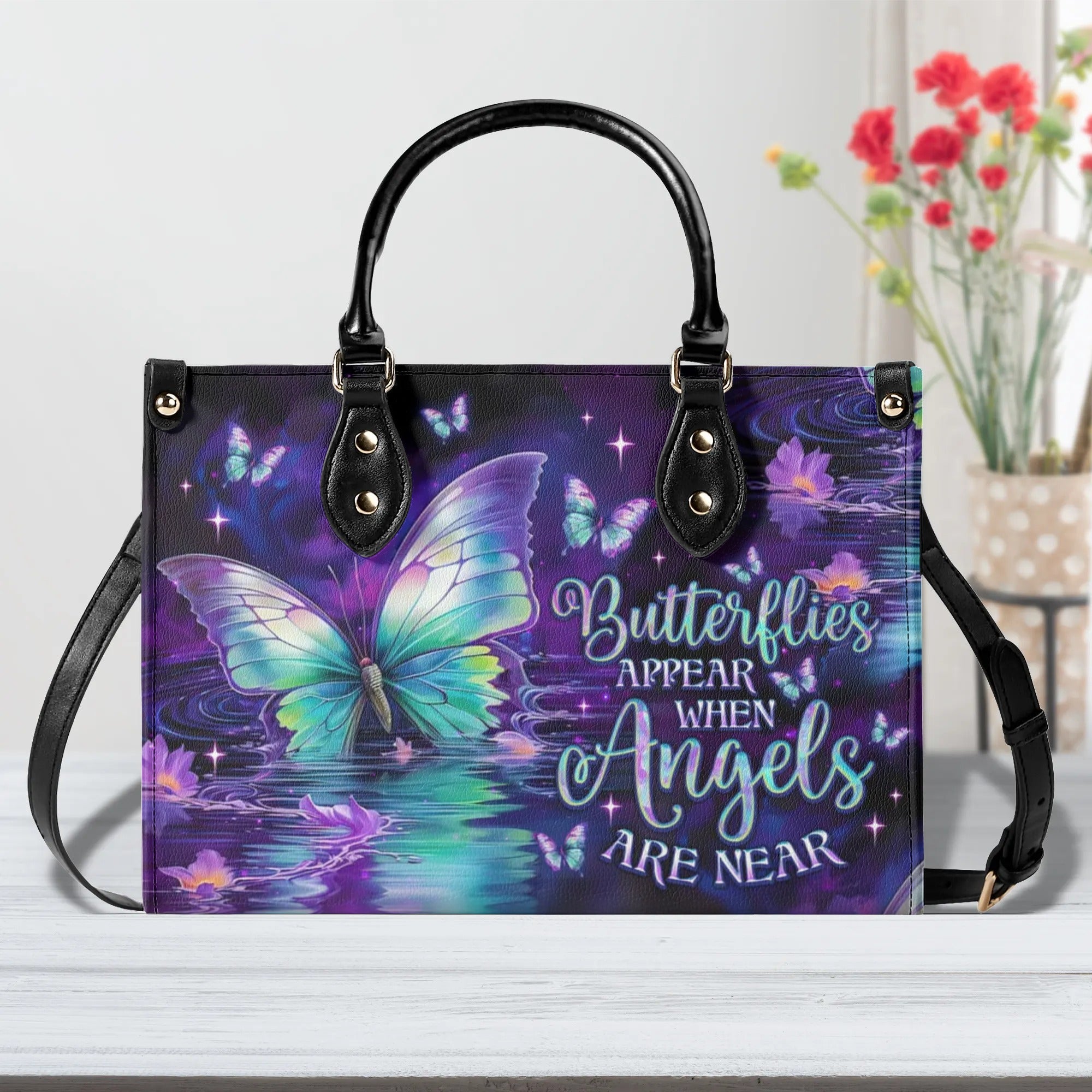 BUTTERFLIES APPEAR WHEN ANGELS ARE NEAR LEATHER HANDBAG - TLNO2208244