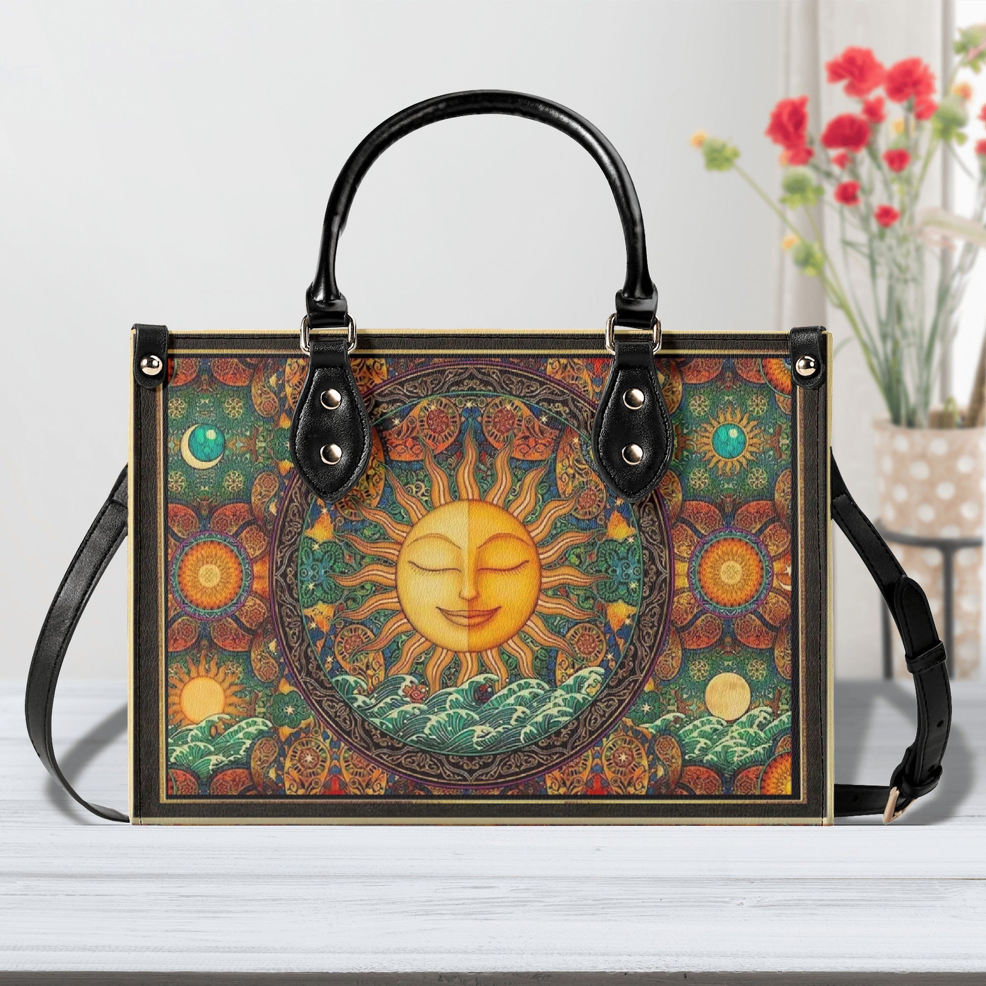 PSYCHEDELIC HIPPIE SUN LEATHER HANDBAG - YHHN1903254