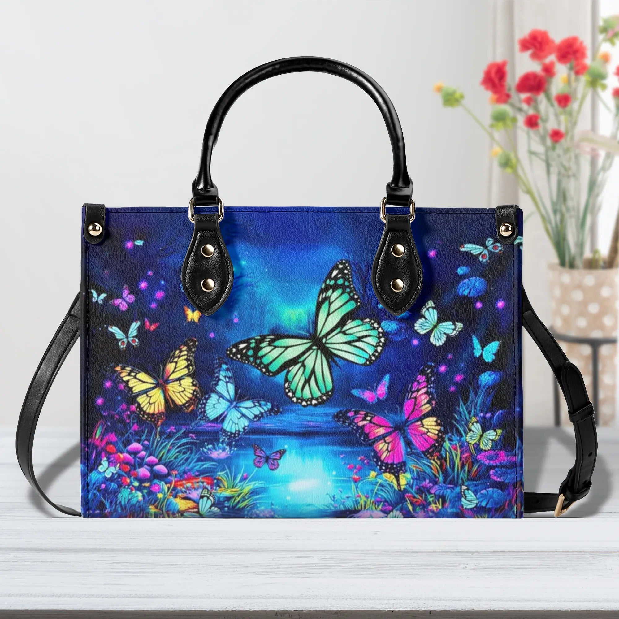 GLOWING BUTTERFLY POND LEATHER HANDBAG - YHHN2708241