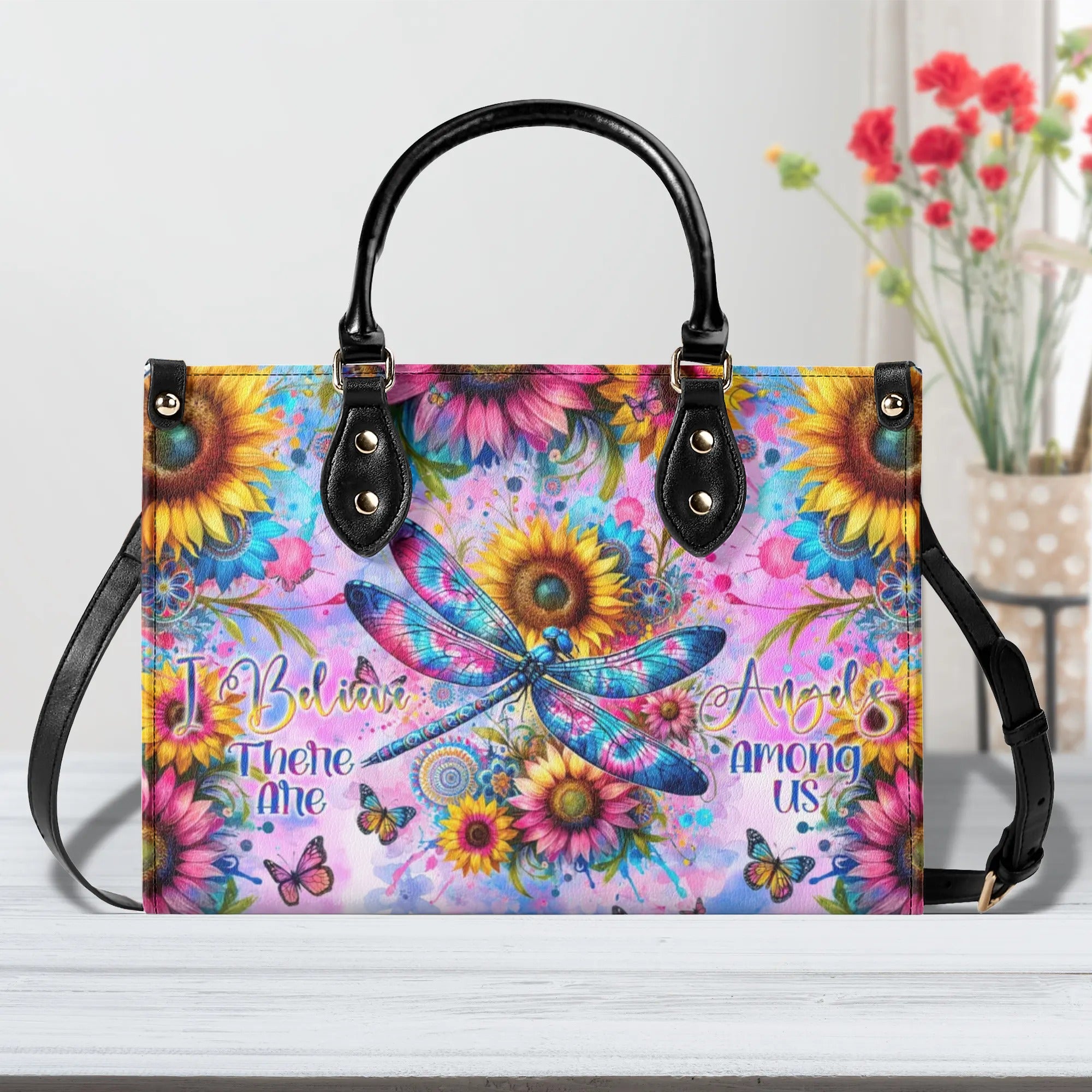 I BELIEVE THERE ARE ANGELS AMONG US DRAGONFLY LEATHER HANDBAG - TLNT1208245