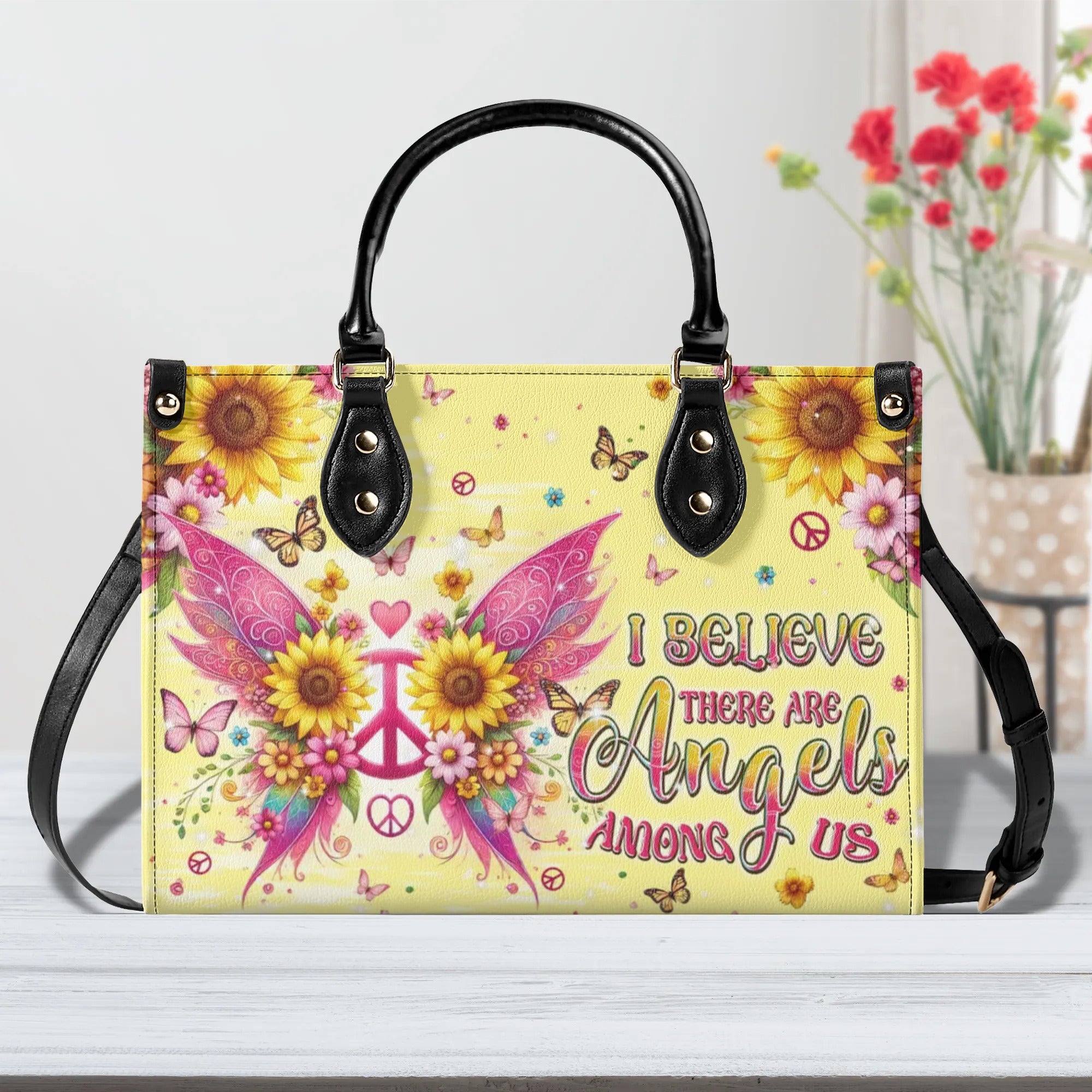 I BELIEVE THERE ARE ANGELS AMONG US WINGS LEATHER HANDBAG - TLPQ1409242