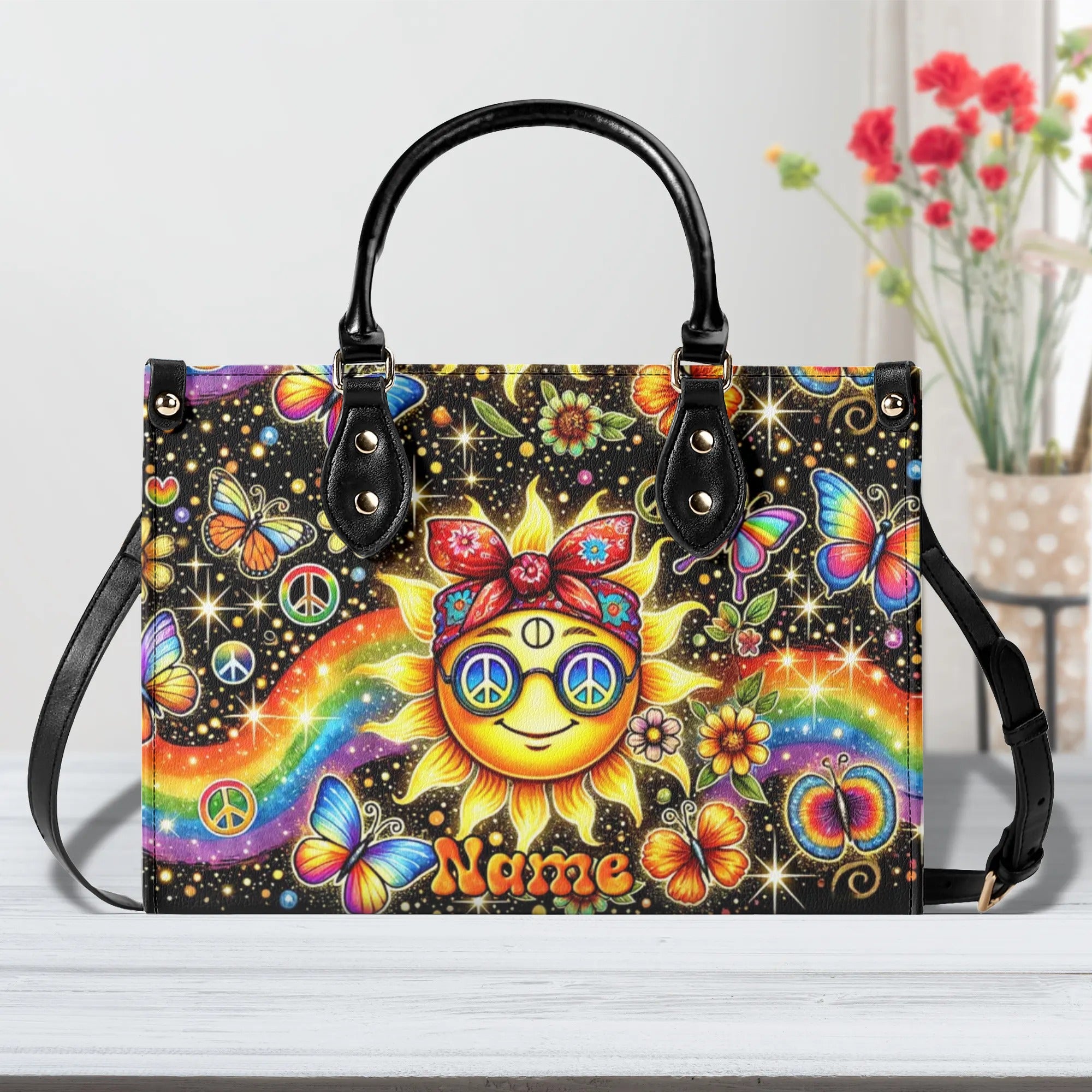 HIPPIE SUN AND RAINBOW LEATHER HAND BAG - TYTM2006242