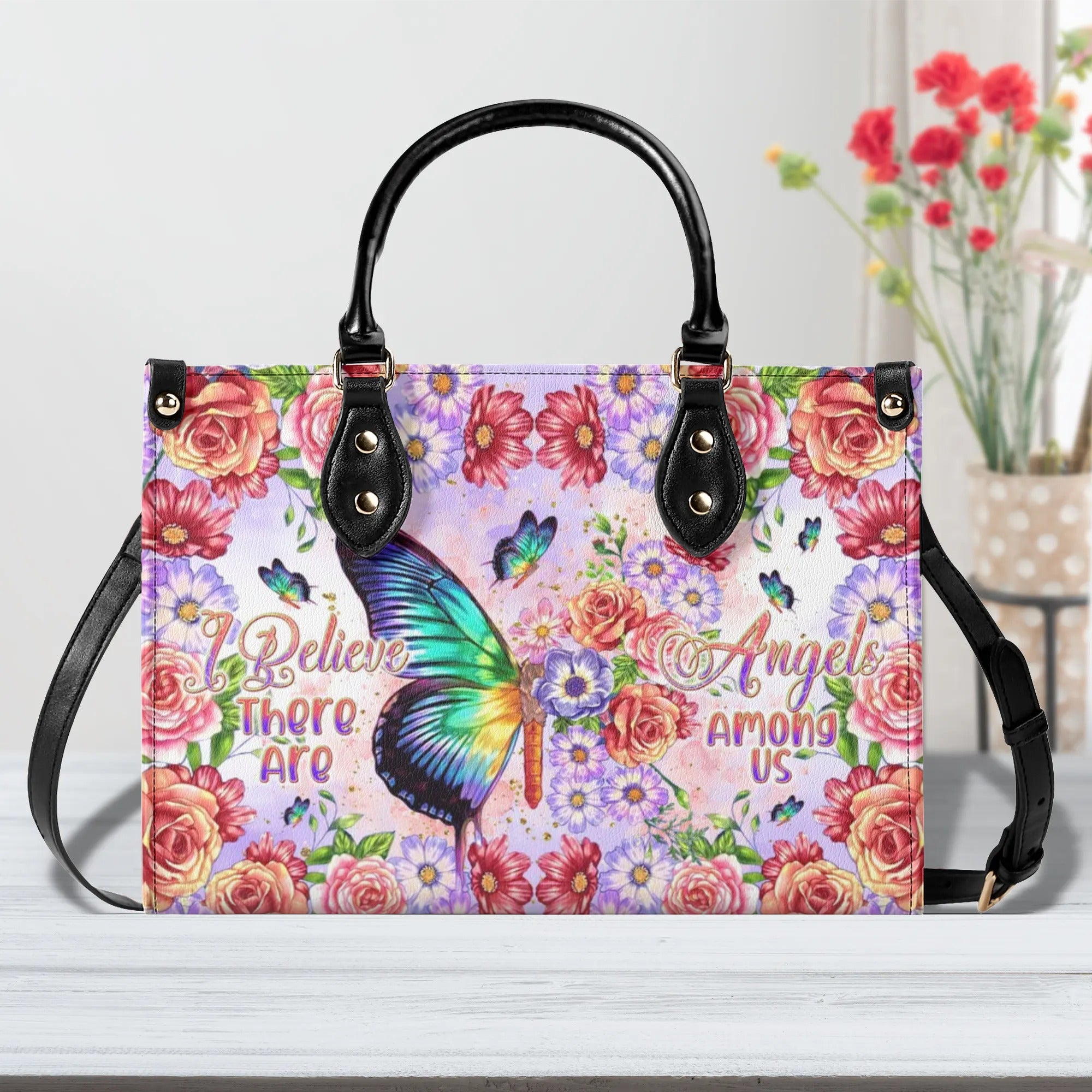 I BELIEVE THERE ARE ANGELS AMONG US BUTTERFLY LEATHER HANDBAG - TLNT1908243