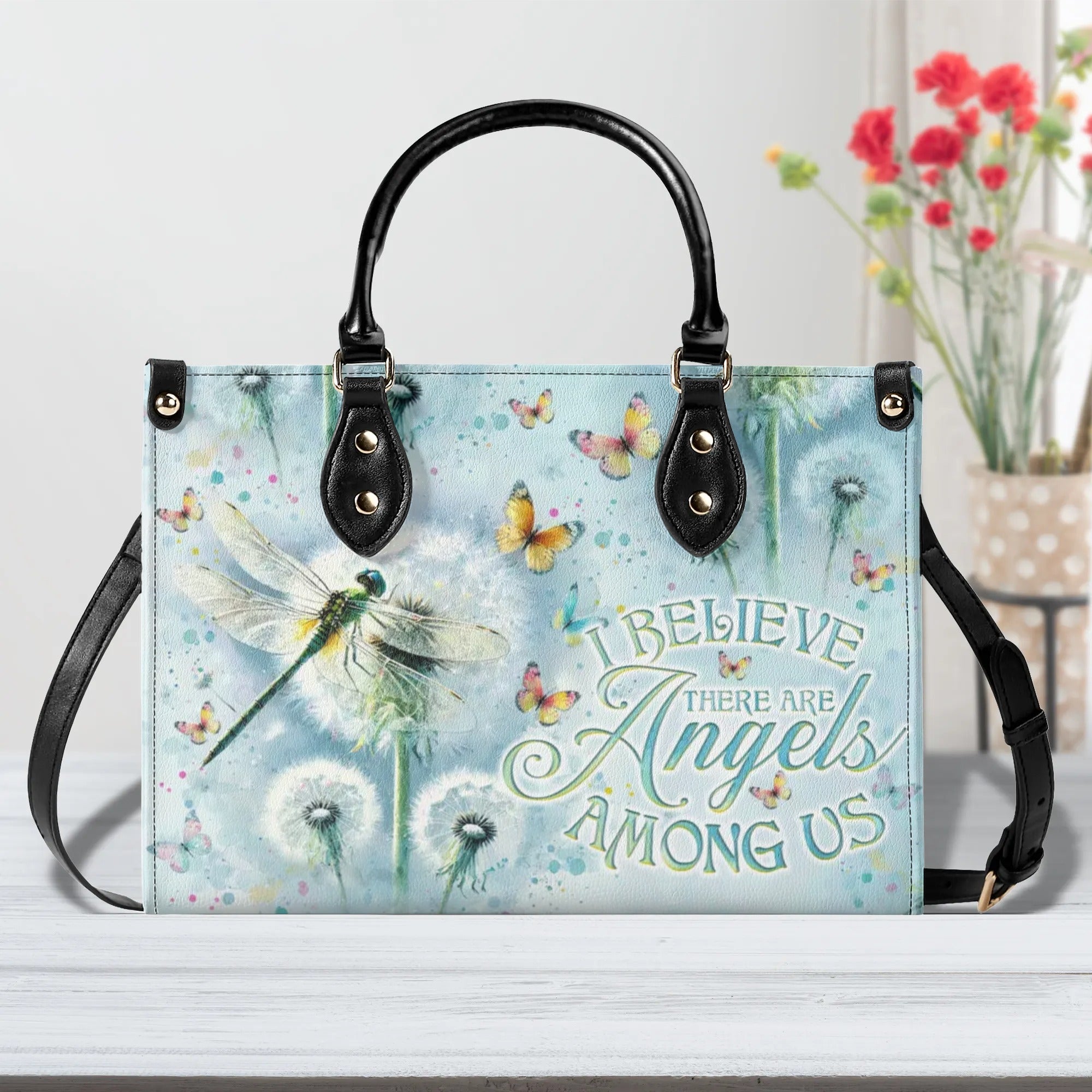 I BELIEVE THERE ARE ANGELS AMONG US DRAGONFLY LEATHER HANDBAG - TLNO0908244