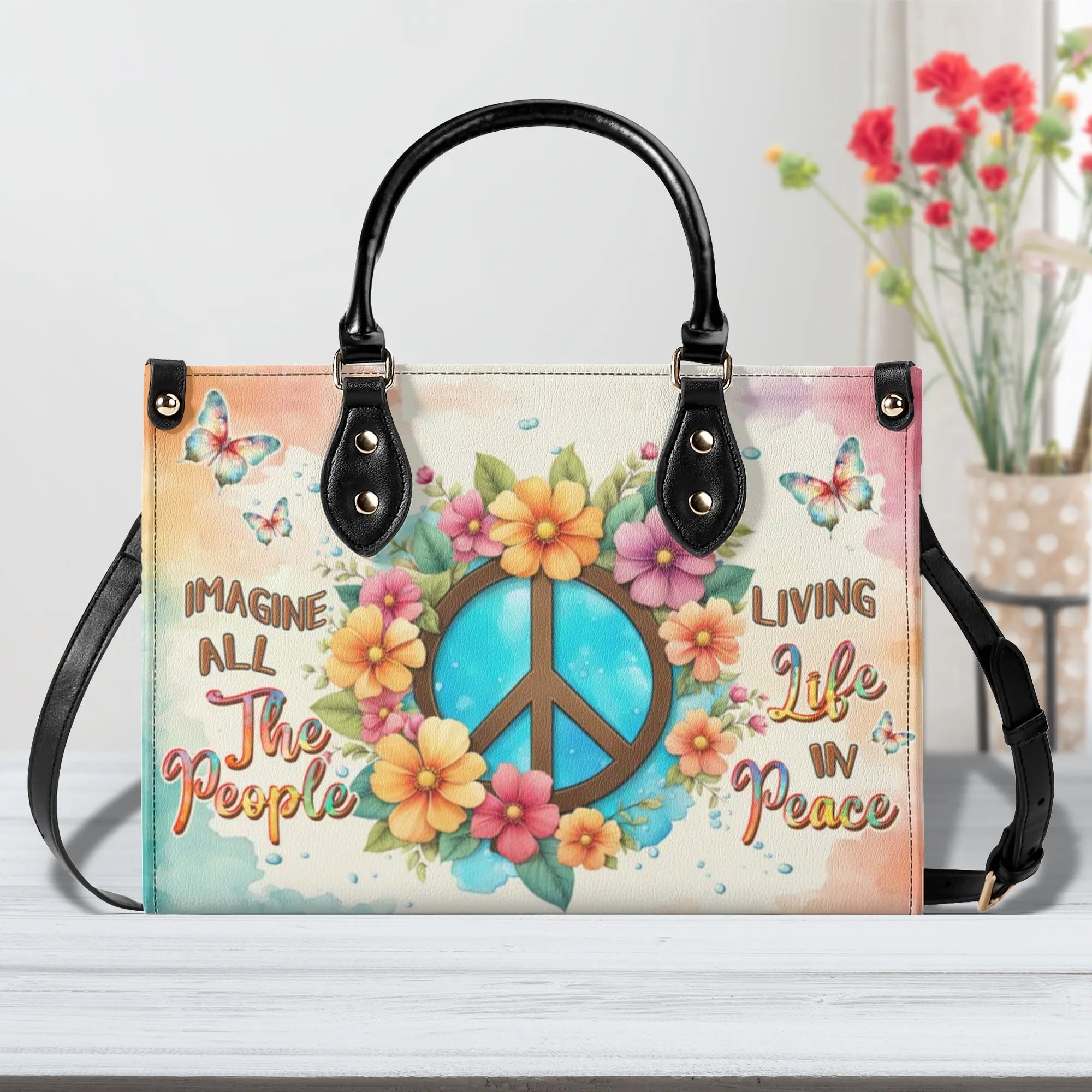 IMAGINE ALL THE PEOPLE LIVING LIFE IN PEACE LEATHER HANDBAG - YHDU1208244