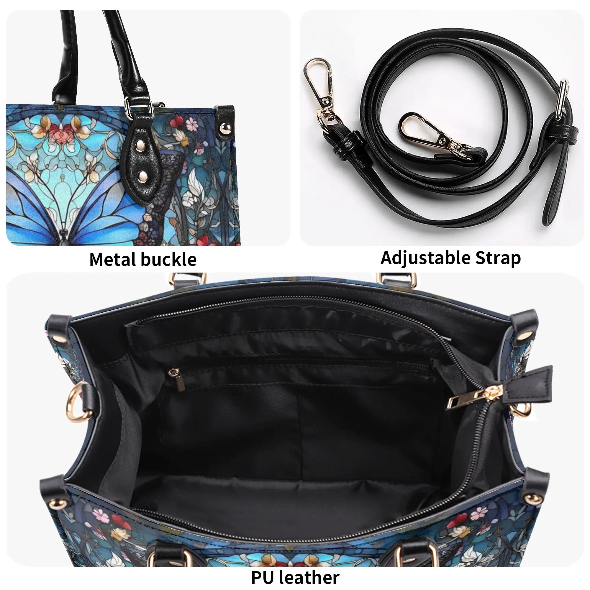 STAINED GLASS BUTTERFLY FLOWERS LEATHER HANDBAG - YHHG0509242