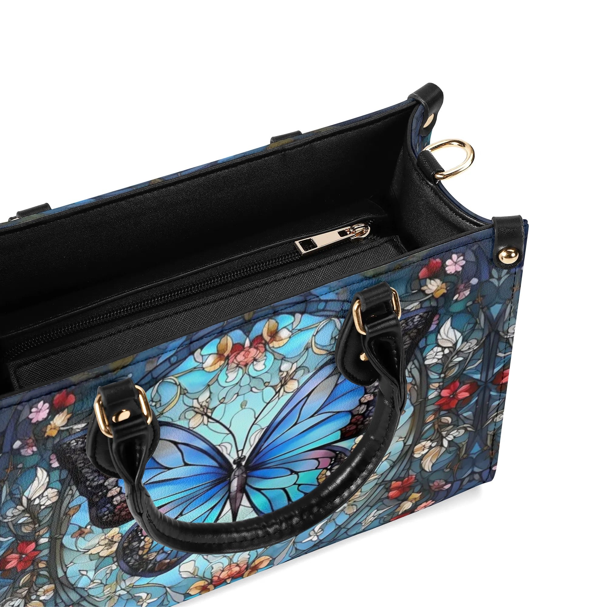 STAINED GLASS BUTTERFLY FLOWERS LEATHER HANDBAG - YHHG0509242