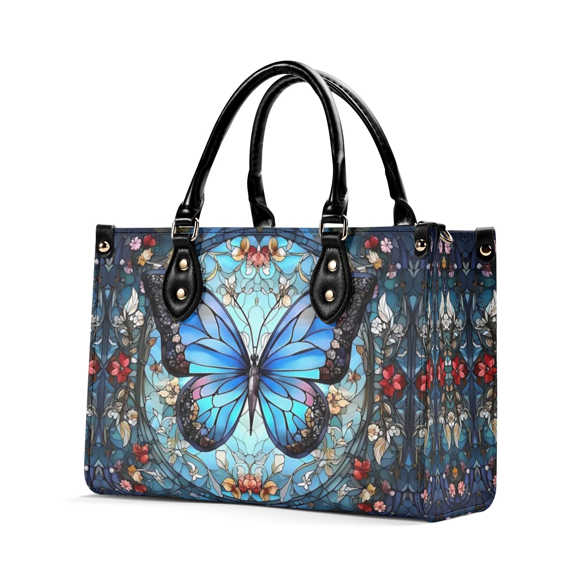 STAINED GLASS BUTTERFLY FLOWERS LEATHER HANDBAG - YHHG0509242