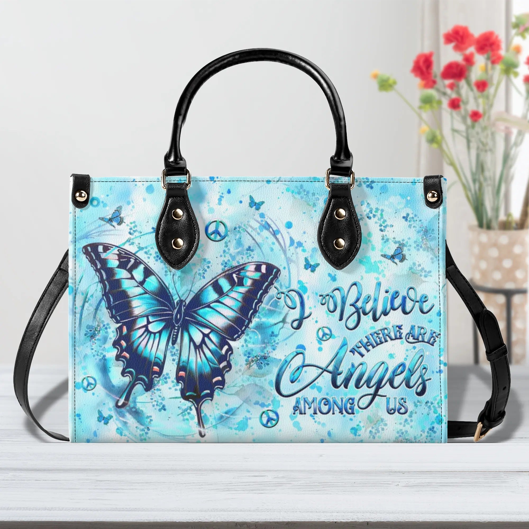 I BELIEVE THERE ARE ANGELS AMONG US BUTTERFLY LEATHER HANDBAG - YHHG1908244