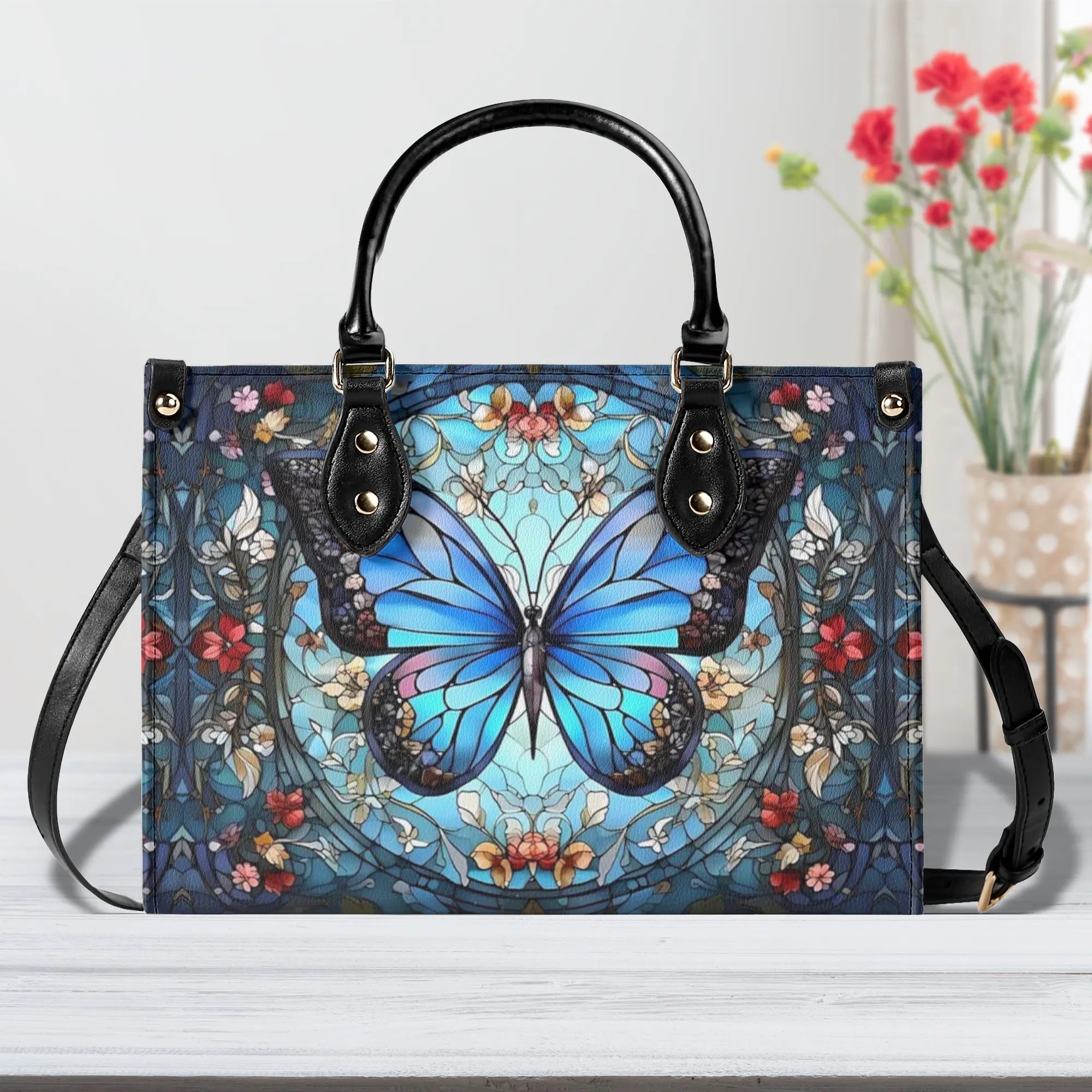 STAINED GLASS BUTTERFLY FLOWERS LEATHER HANDBAG - YHHG0509242