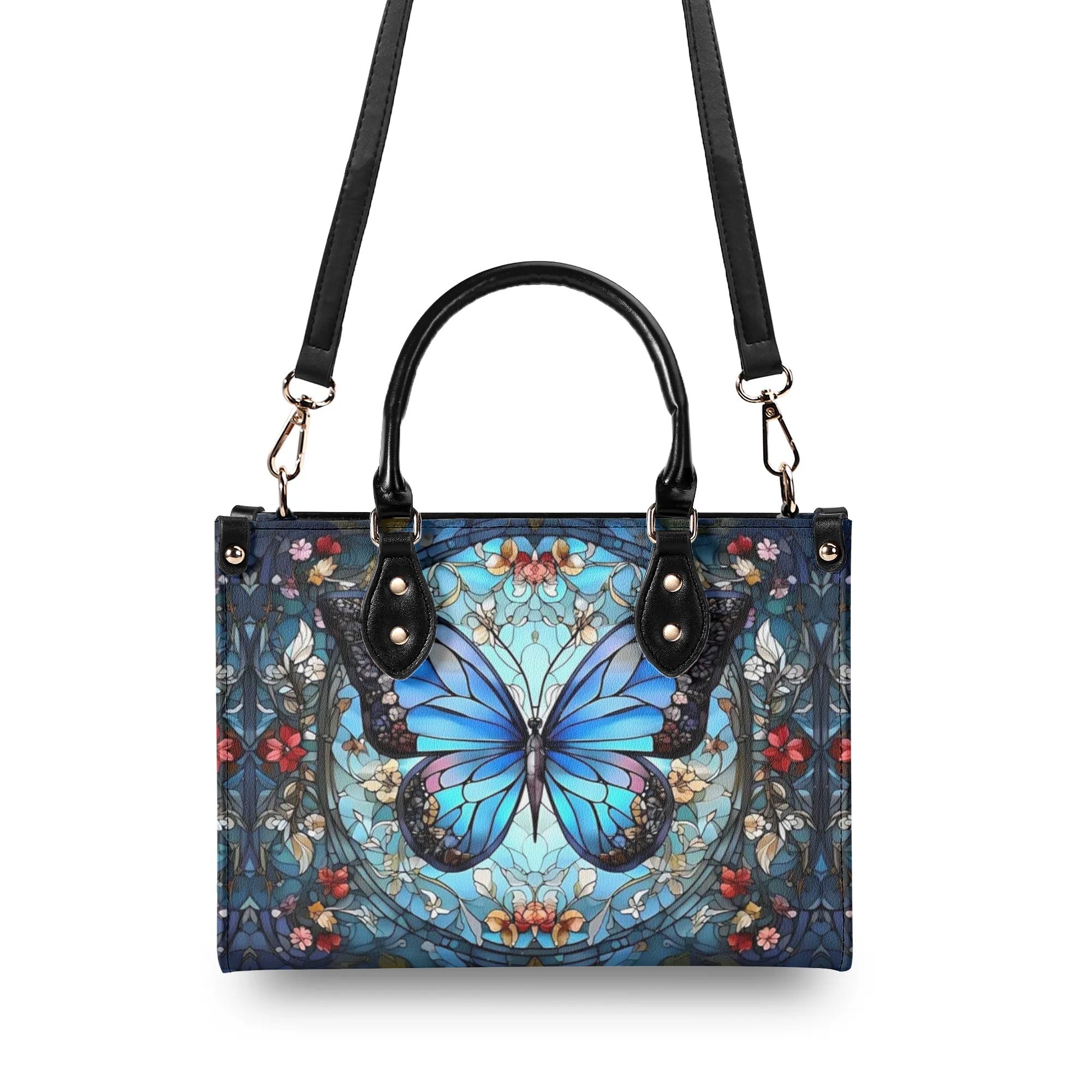 STAINED GLASS BUTTERFLY FLOWERS LEATHER HANDBAG - YHHG0509242