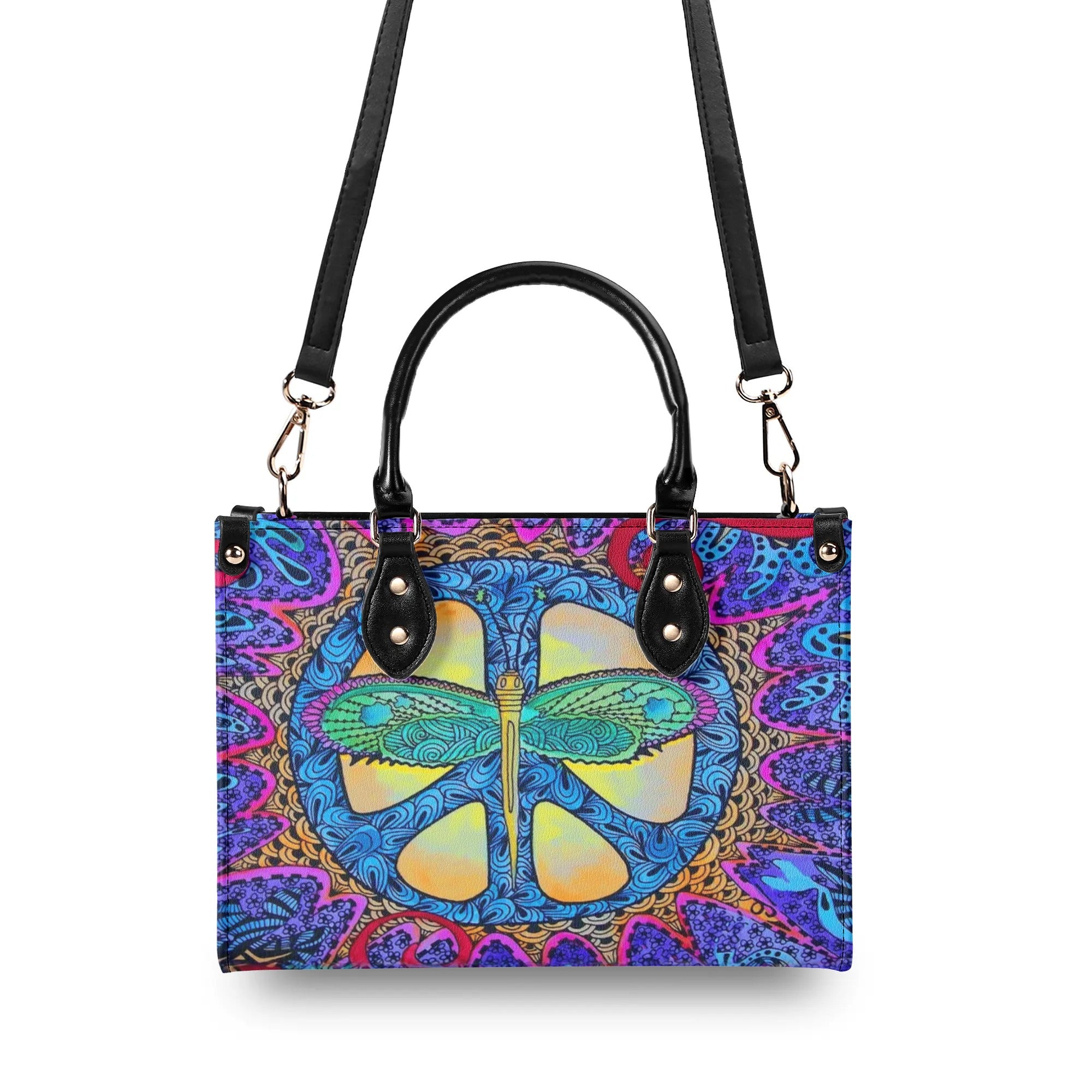 HIPPIE PSYCHEDELIC DRAGONFLY LEATHER HANDBAG - YHLT2309244