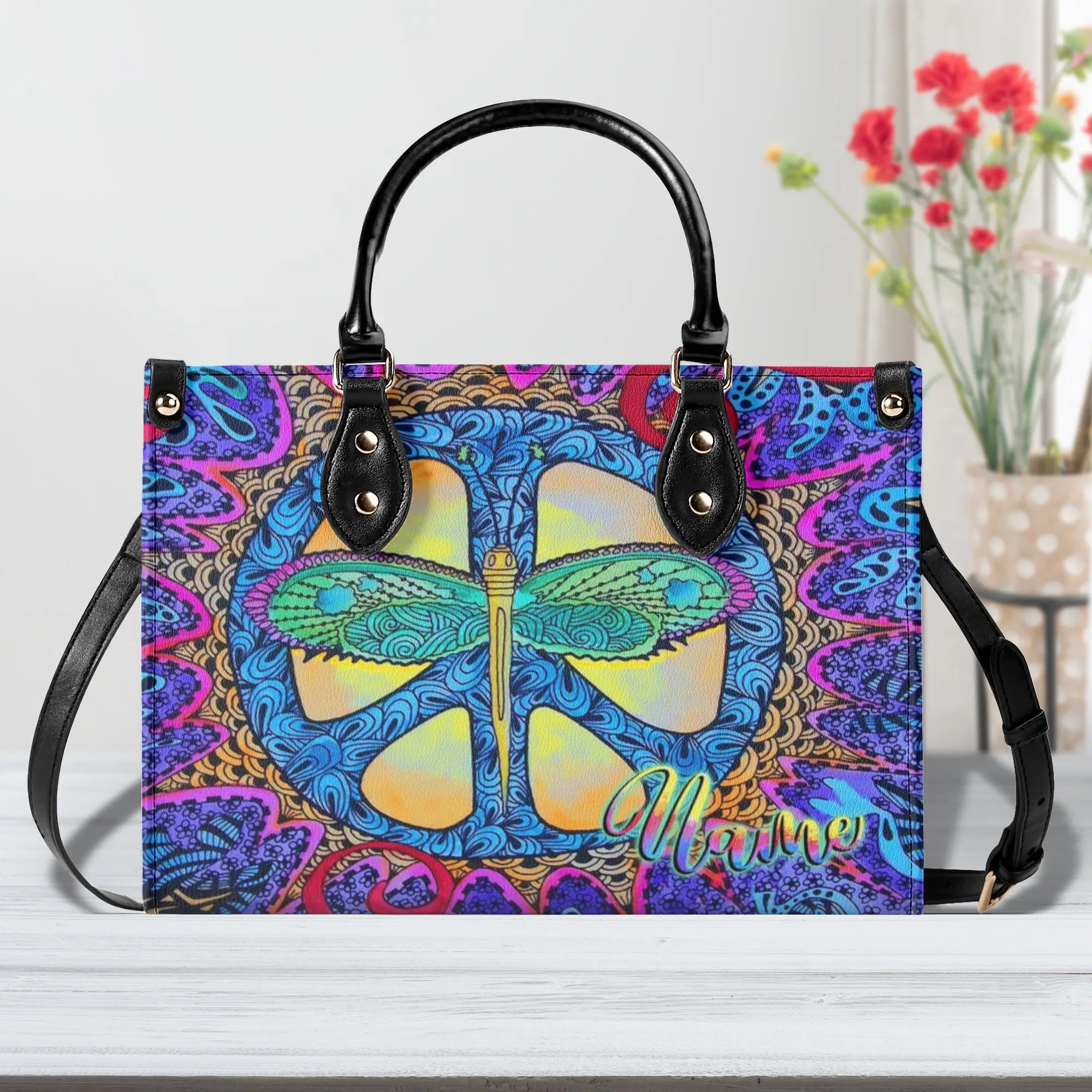 HIPPIE PSYCHEDELIC DRAGONFLY LEATHER HANDBAG - YHLT2309244