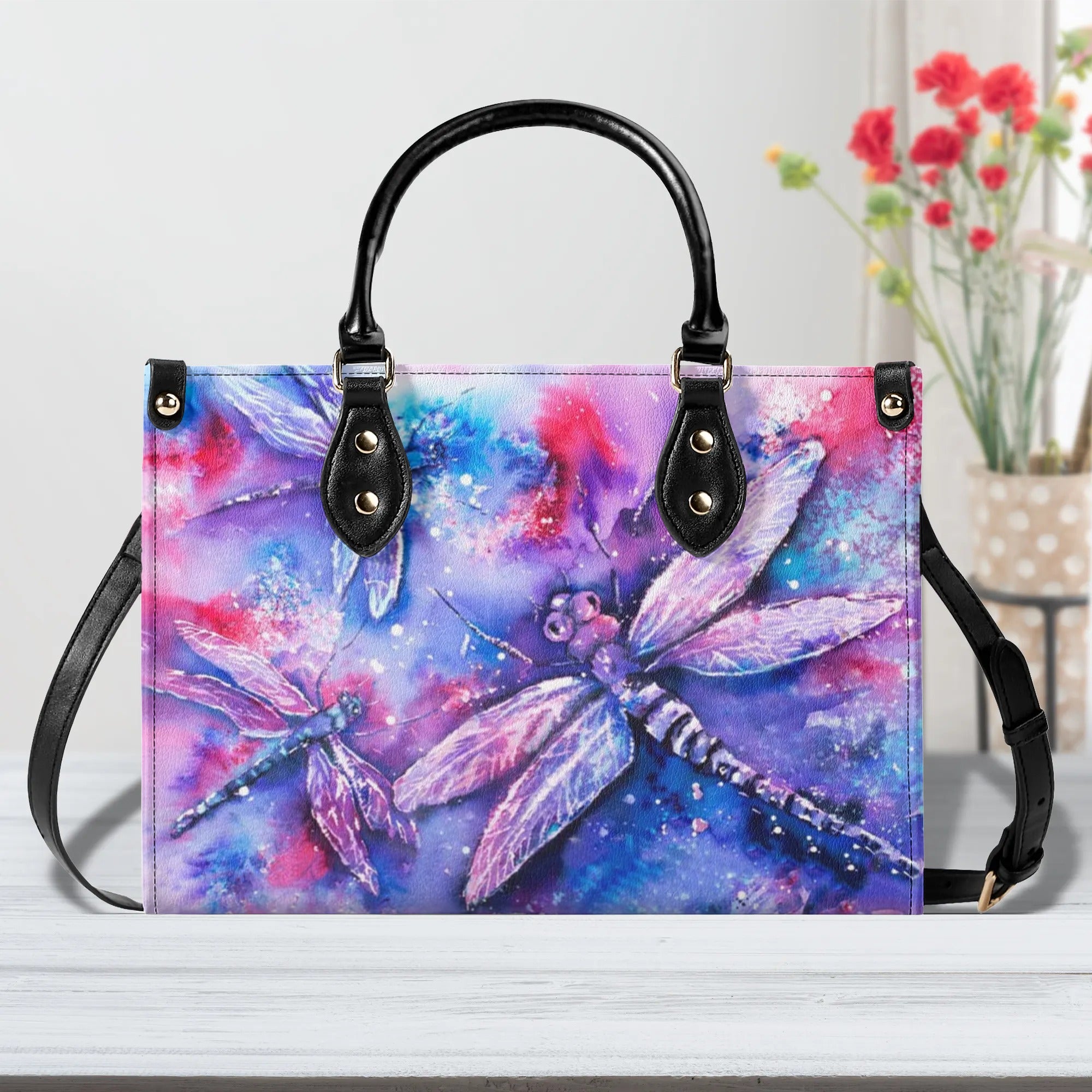 COLORFUL PAINTING DRAGONFLIES LEATHER HANDBAG - YHHN1010244