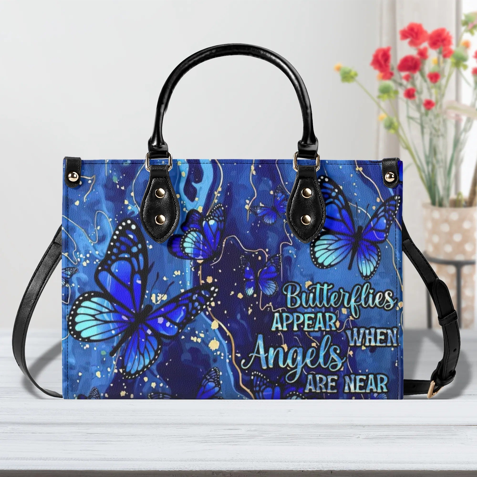 BUTTERFLIES APPEAR WHEN ANGELS ARE NEAR LEATHER HANDBAG - TLNZ2309245