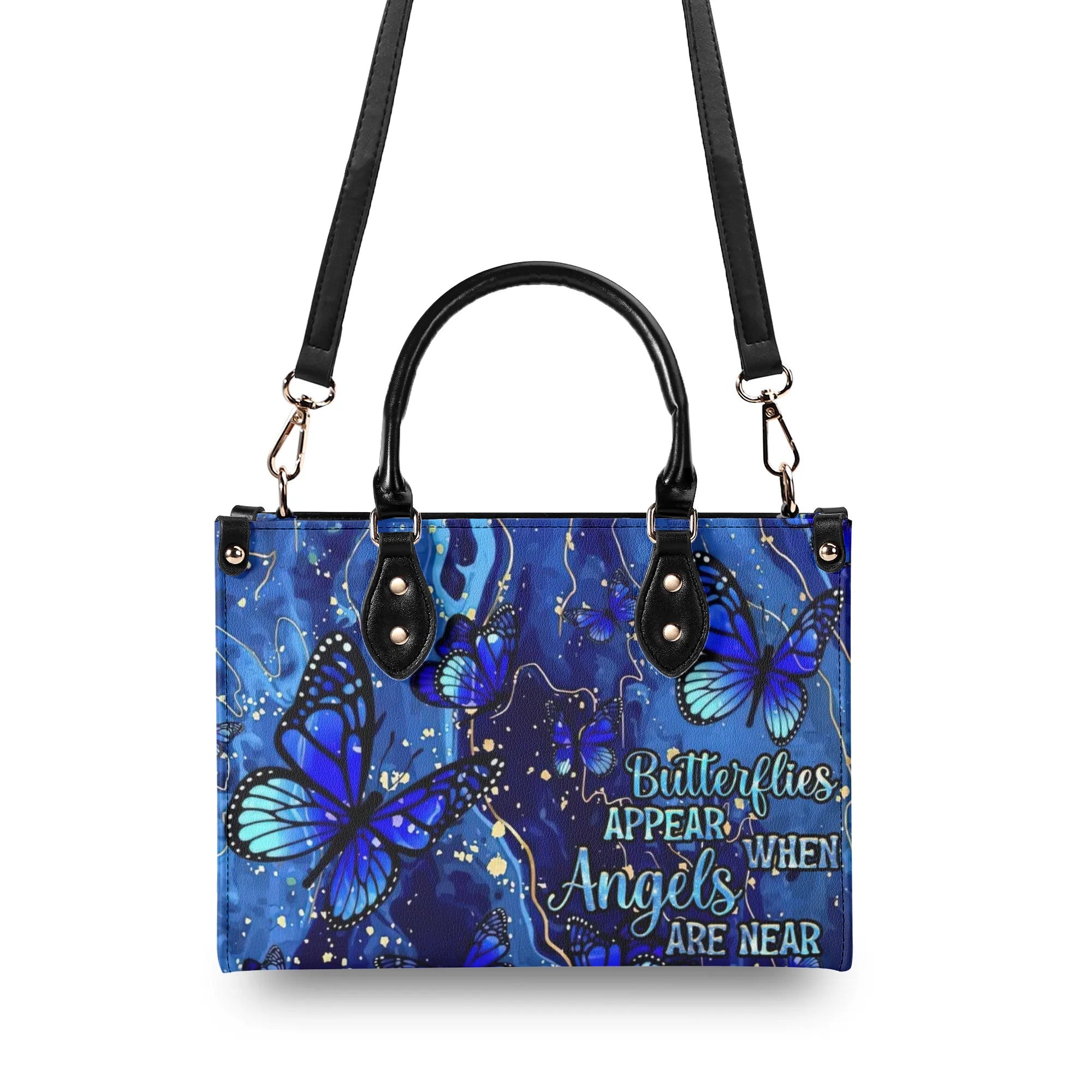 BUTTERFLIES APPEAR WHEN ANGELS ARE NEAR LEATHER HANDBAG - TLNZ2309245