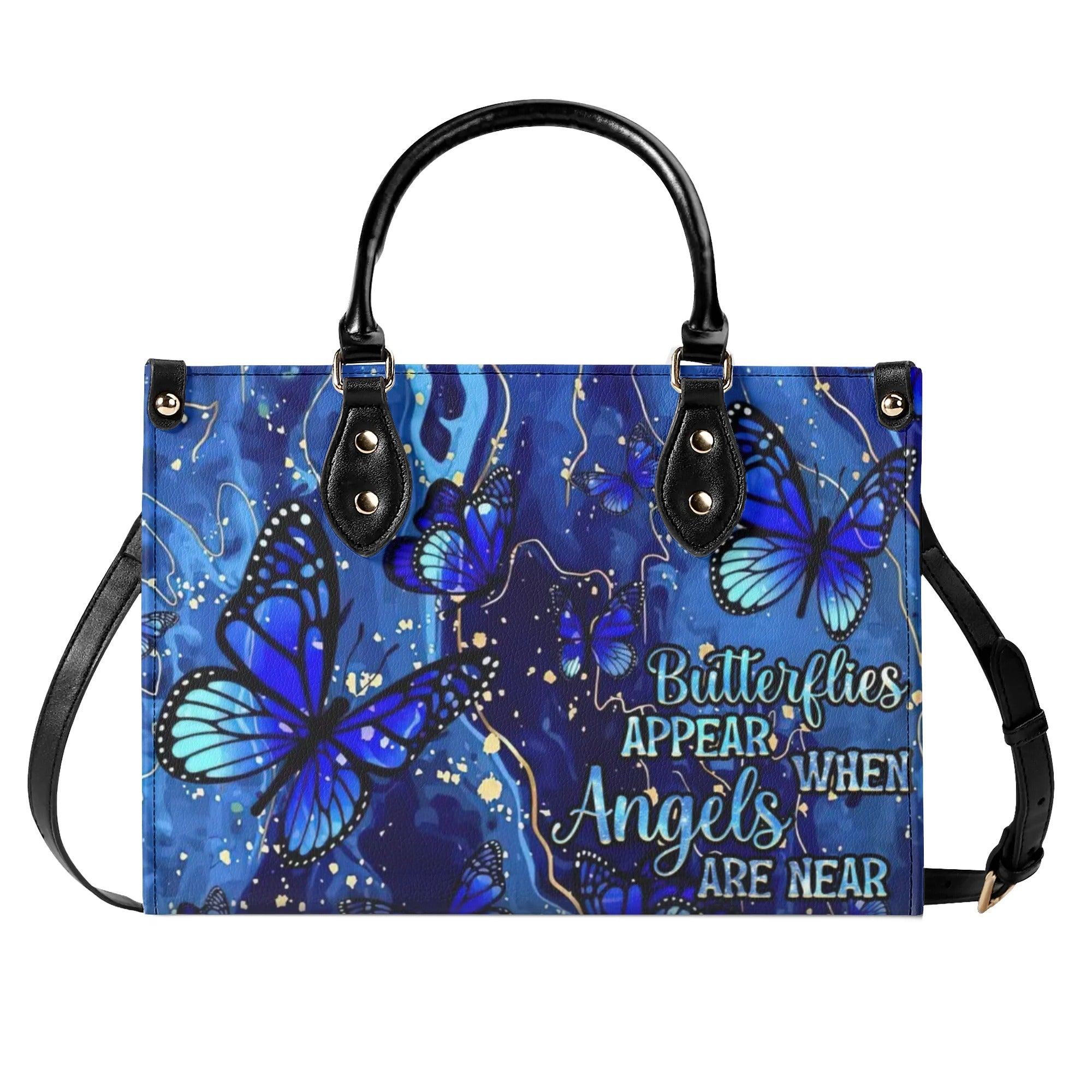 BUTTERFLIES APPEAR WHEN ANGELS ARE NEAR LEATHER HANDBAG - TLNZ2309245