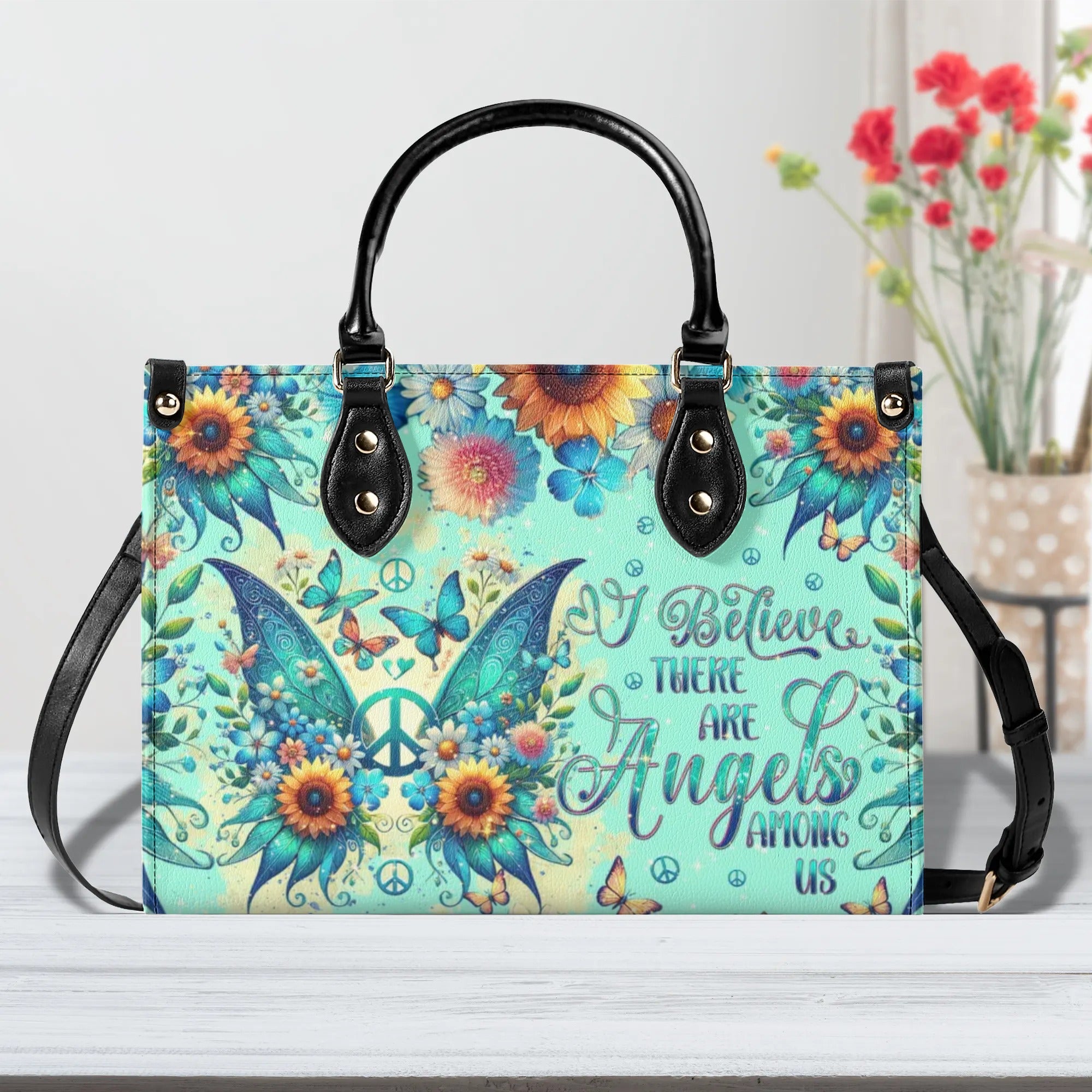 I BELIEVE THERE ARE ANGELS AMONG US WINGS LEATHER HANDBAG - TLNT1609243