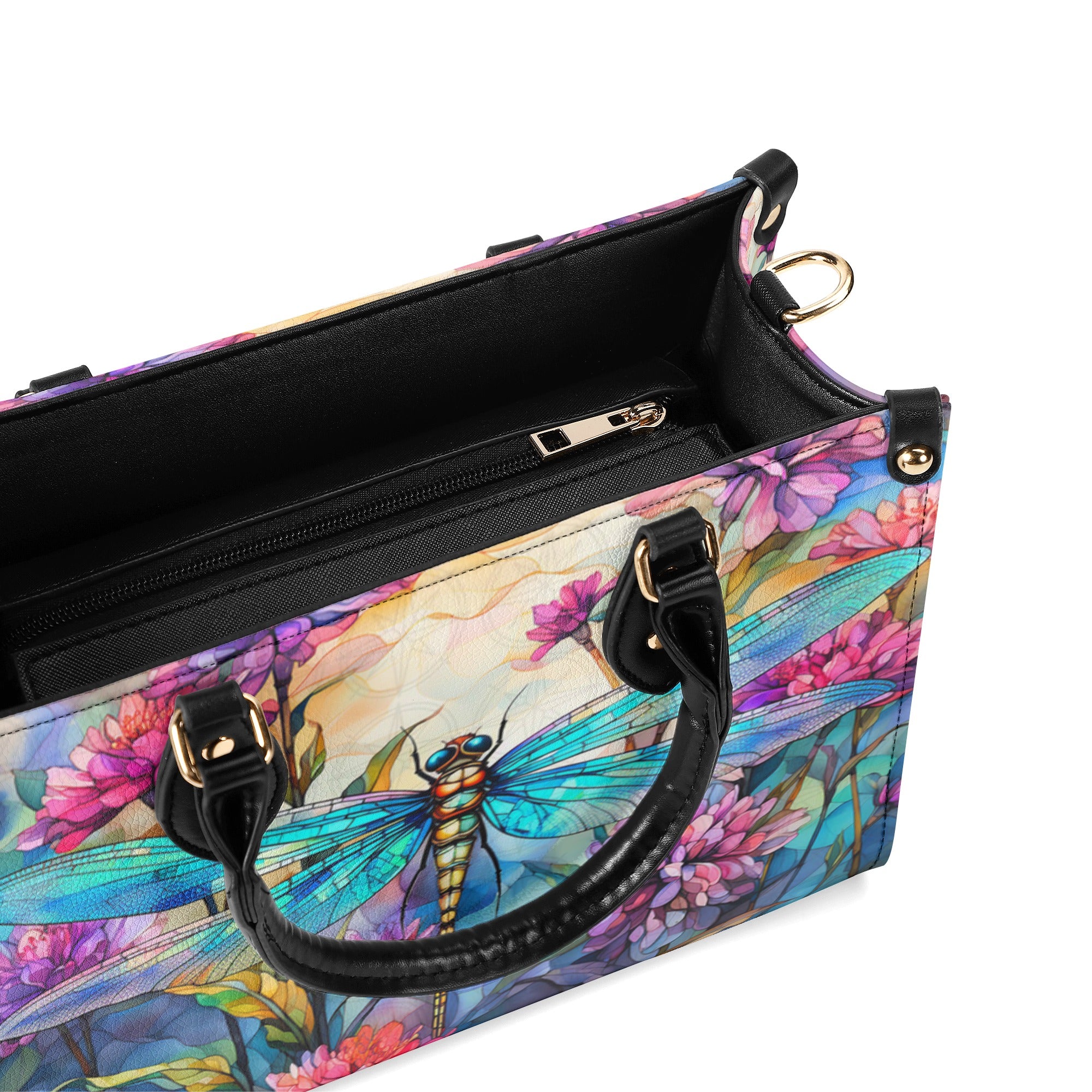 PAINTING DRAGONFLY FLOWERS LEATHER HANDBAG - YHDU1911244