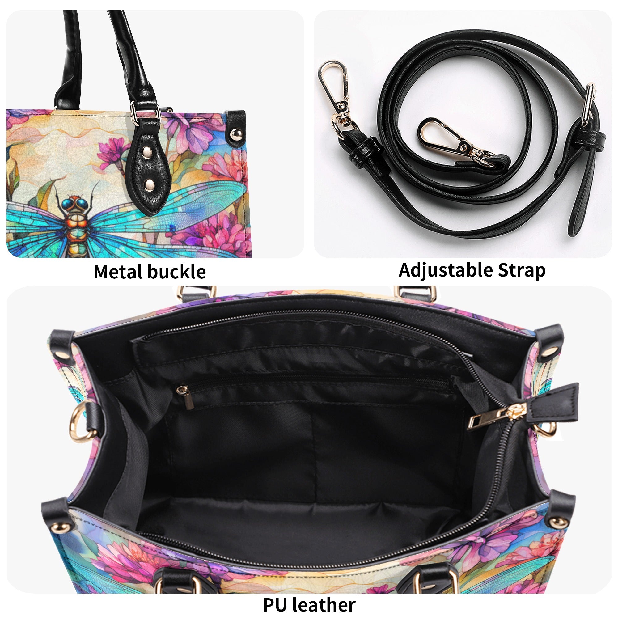 PAINTING DRAGONFLY FLOWERS LEATHER HANDBAG - YHDU1911244