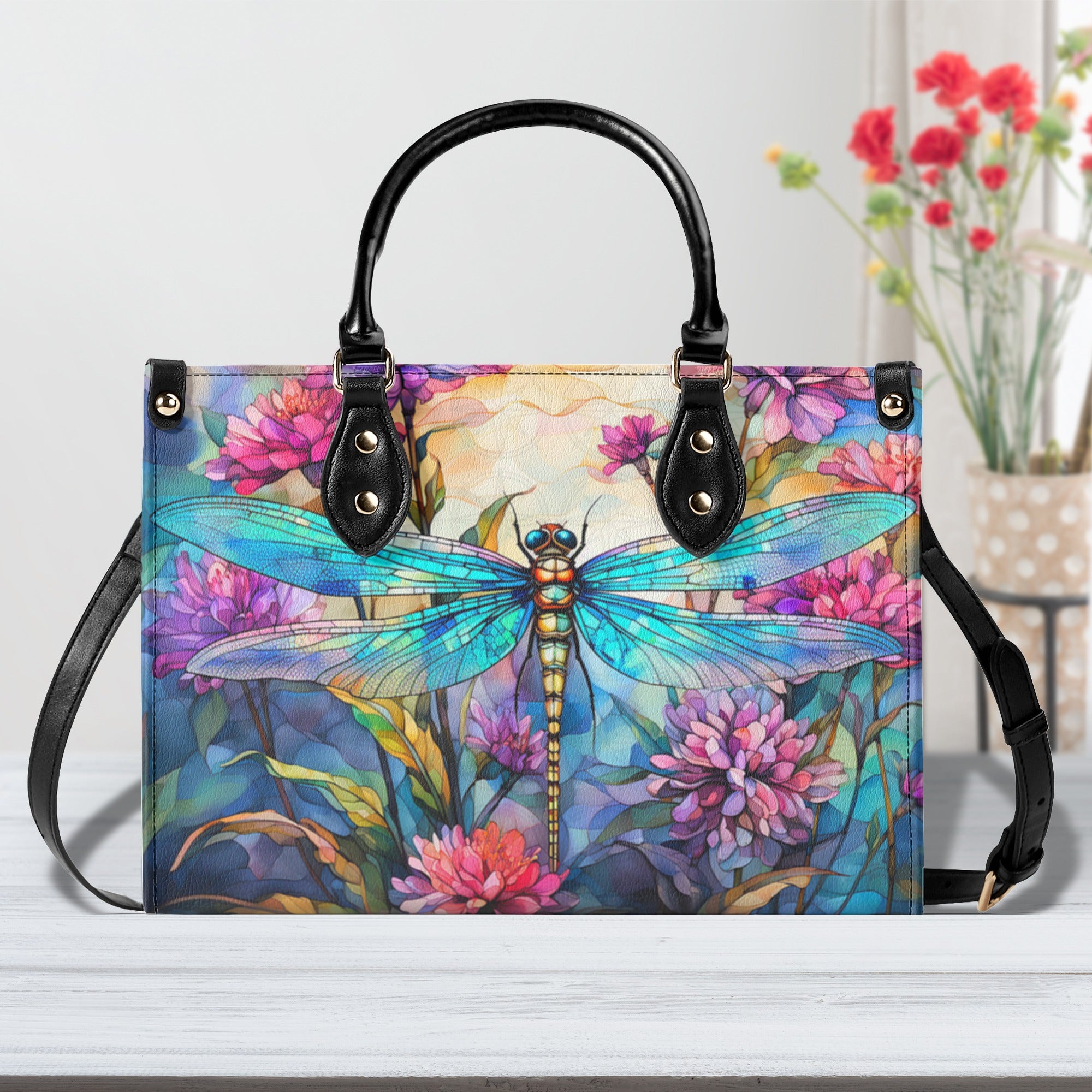 PAINTING DRAGONFLY FLOWERS LEATHER HANDBAG - YHDU1911244