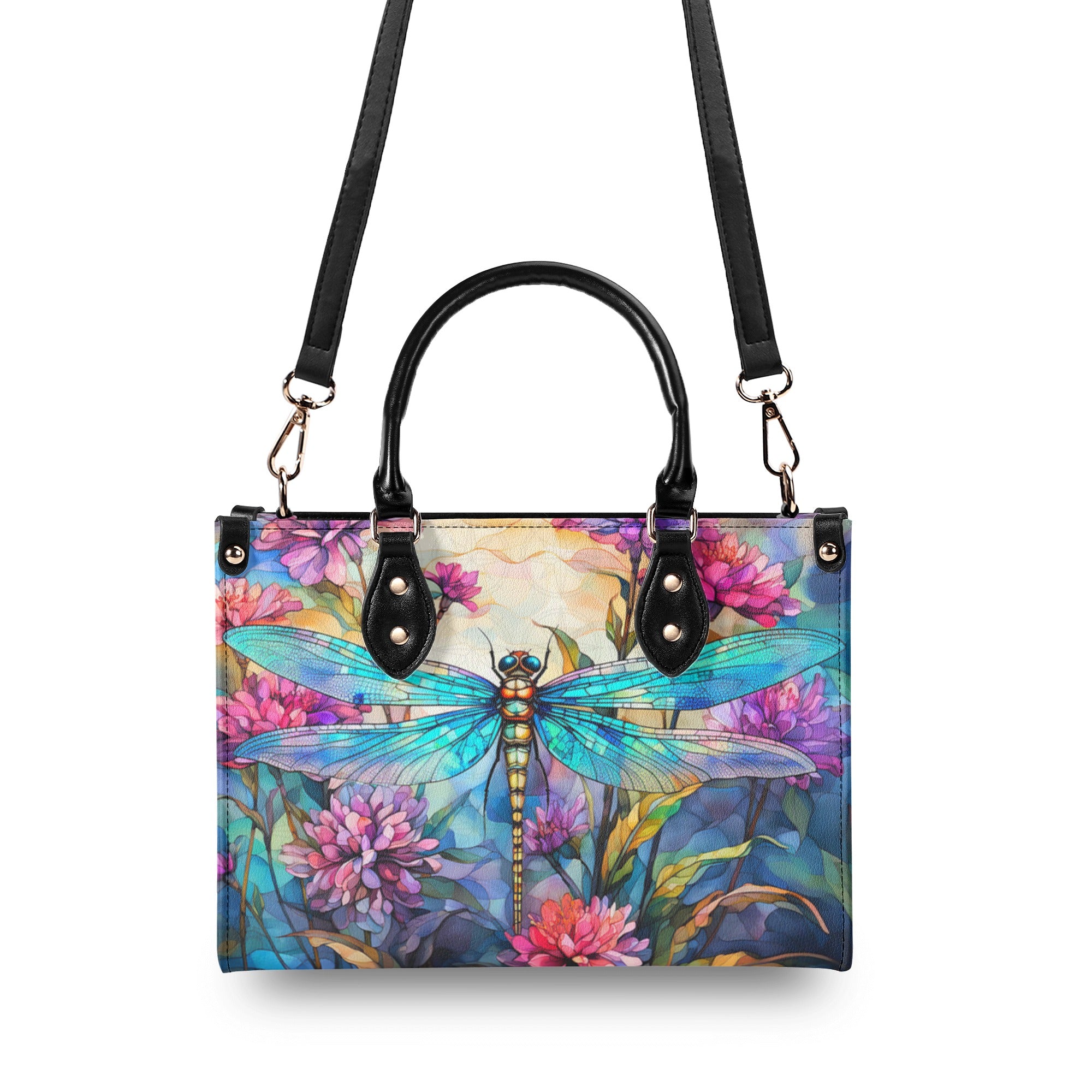 PAINTING DRAGONFLY FLOWERS LEATHER HANDBAG - YHDU1911244