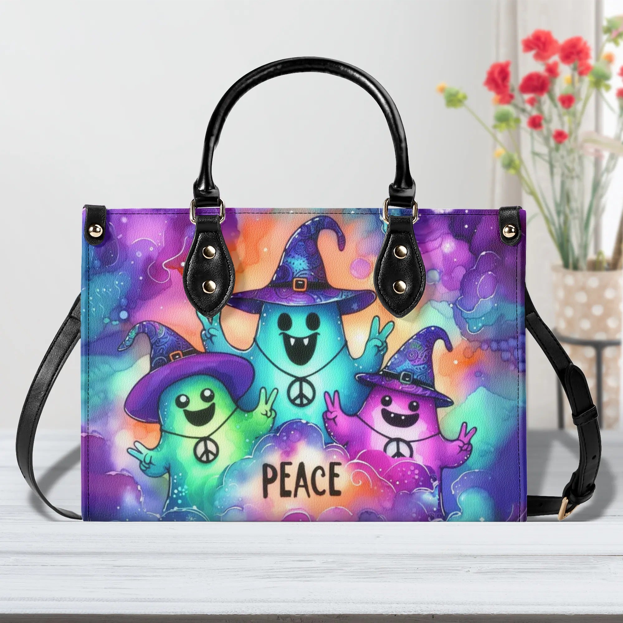 PEACE CUTE GHOST HALLOWEEN LEATHER HANDBAG - YHHN0808244