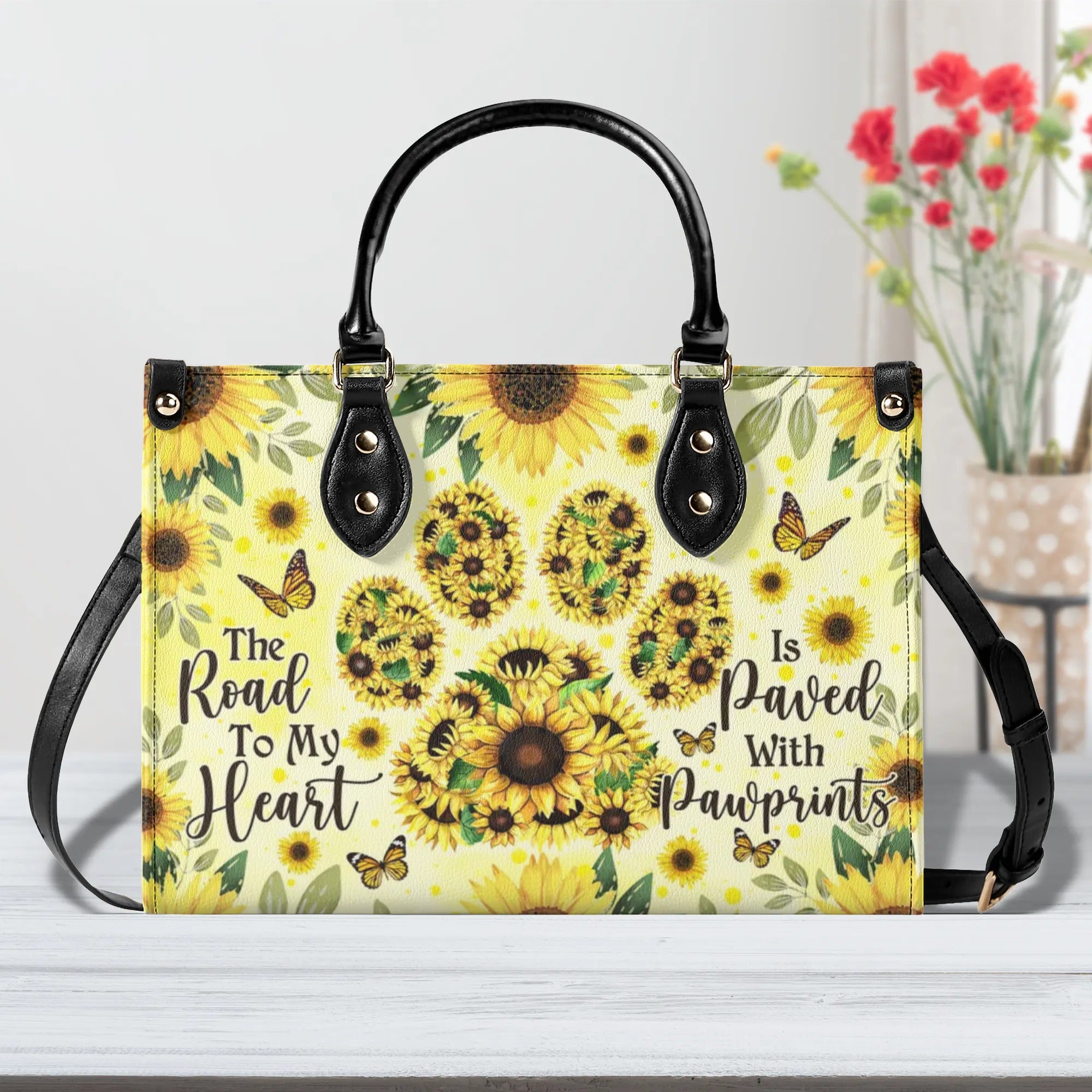 THE ROAD TO MY HEART DOG PAW SUNFLOWER LEATHER HANDBAG - TLNO0407241