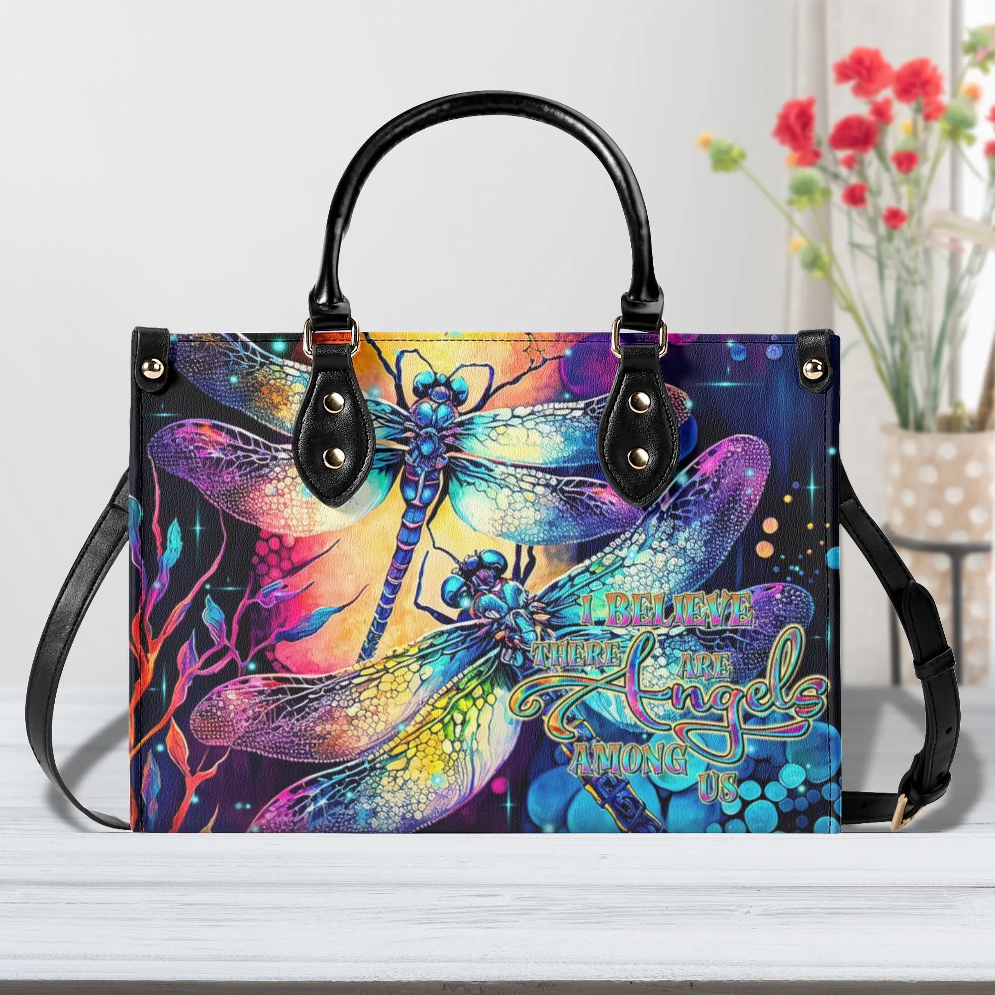 I BELIEVE THERE ARE ANGELS AMONG US DRAGONFLY LEATHER HANDBAG - TLTR0908245