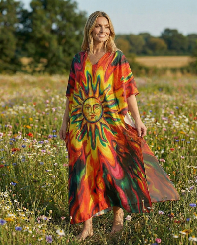 PSYCHEDELIC HIPPIE SUN KAFTAN DRESS - YHLN3001263