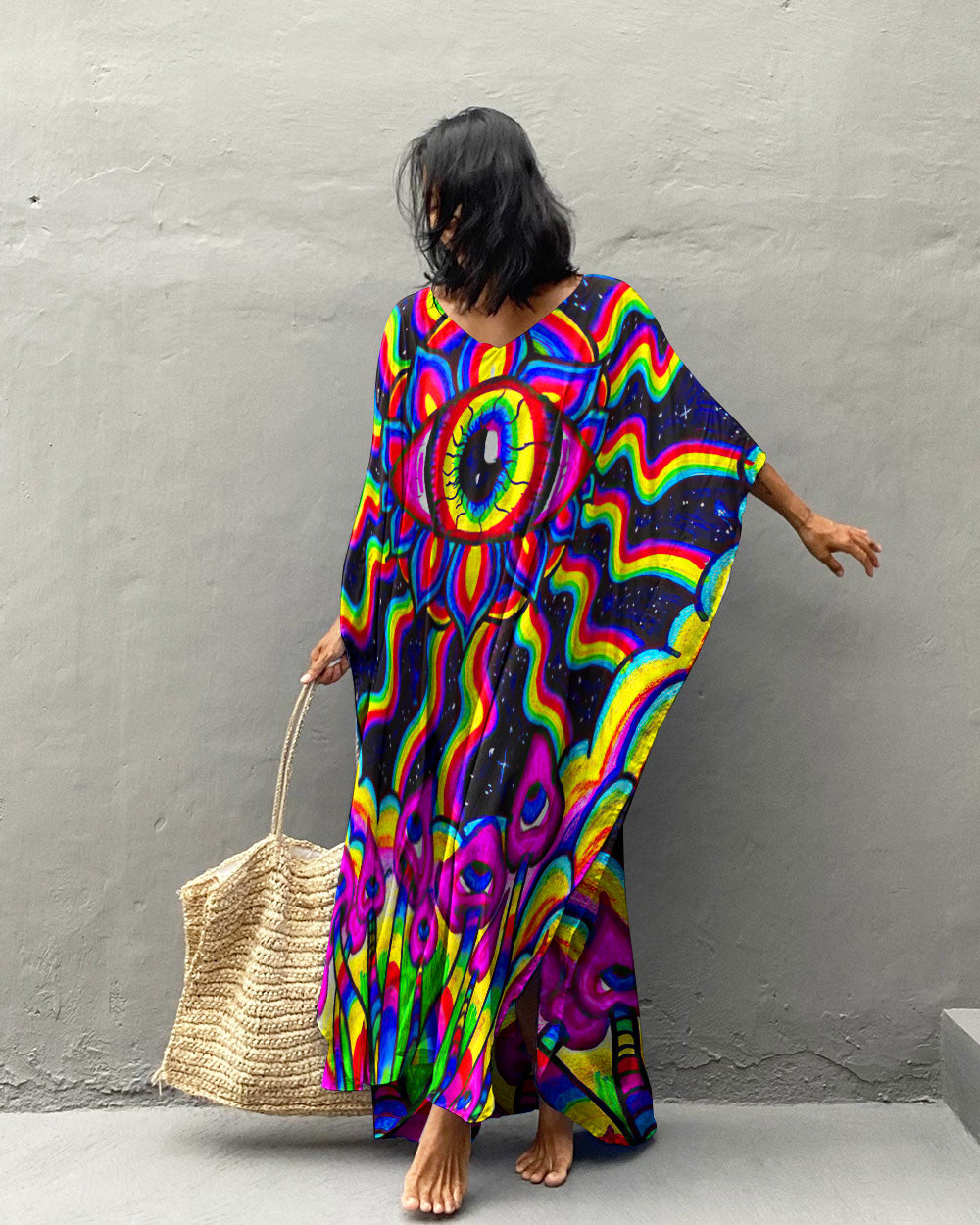 PSYCHEDELIC RAINBOW MUSHROOM KAFTAN DRESS - TLTW0108233