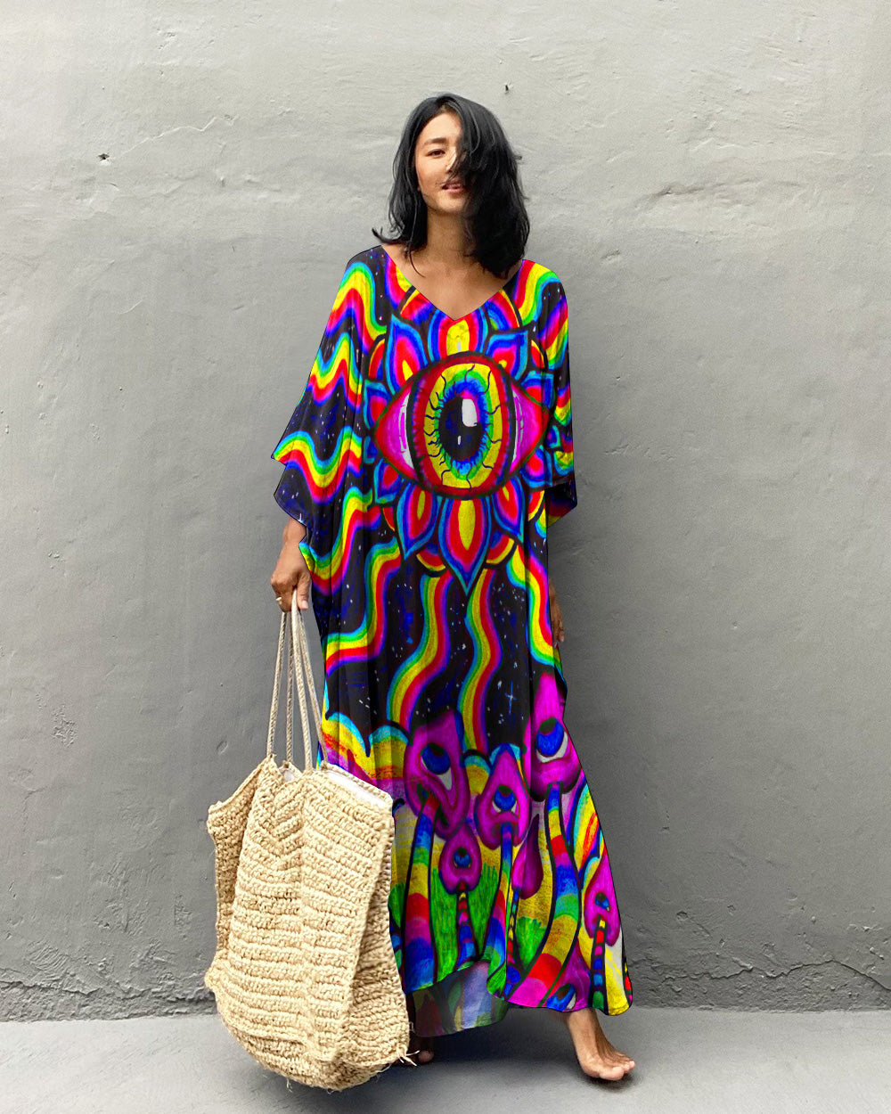 PSYCHEDELIC RAINBOW MUSHROOM KAFTAN DRESS - TLTW0108233