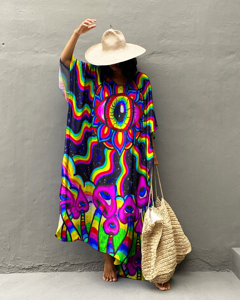 PSYCHEDELIC RAINBOW MUSHROOM KAFTAN DRESS - TLTW0108233