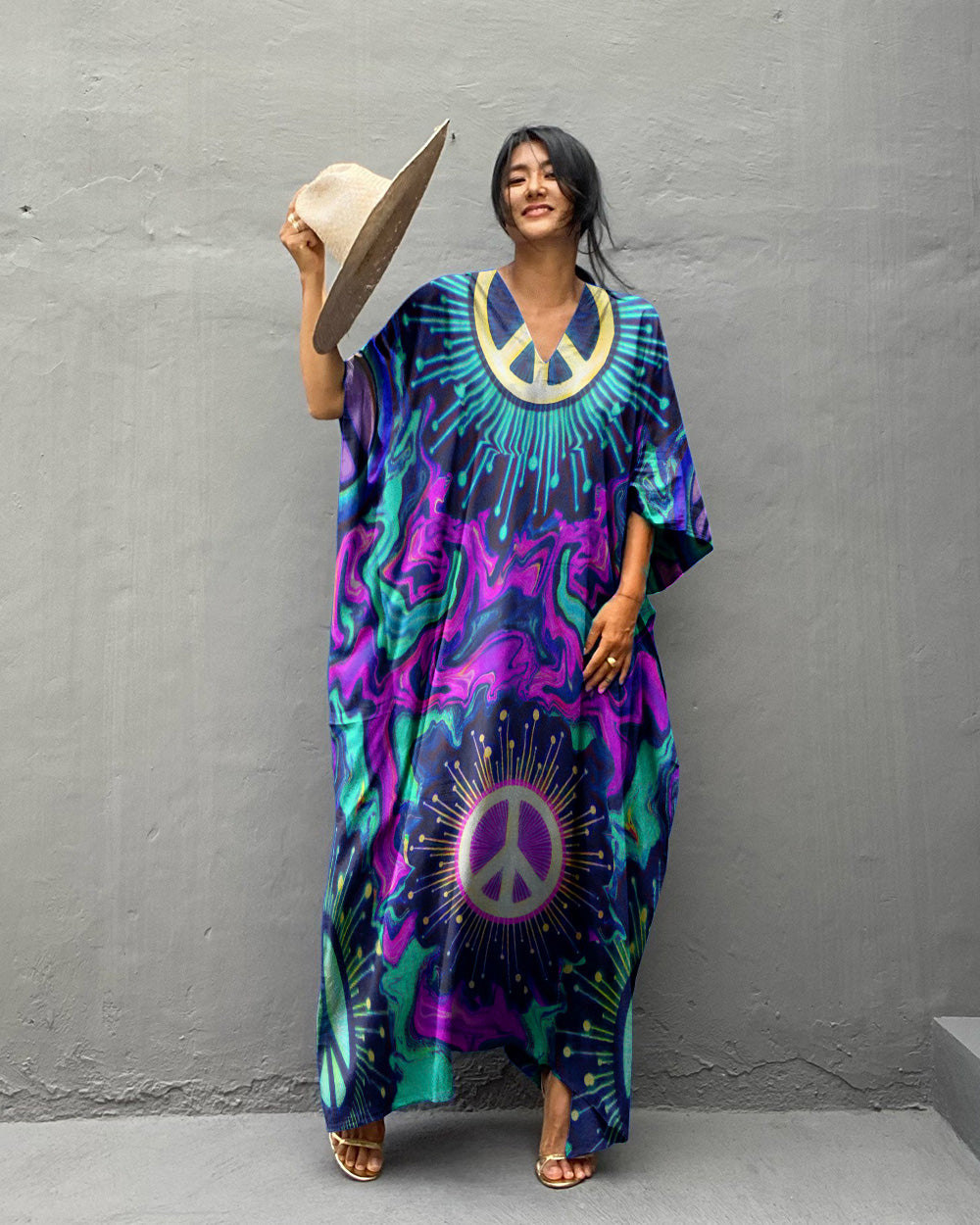 PEACE LIQUID HOLOGRAM KAFTAN DRESS - TLTW0707234