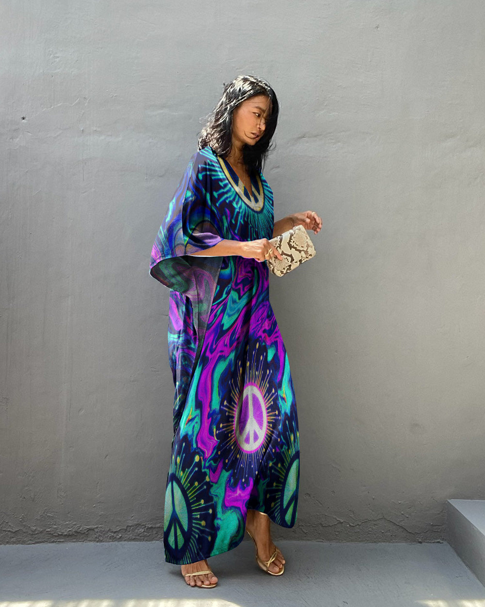 PEACE LIQUID HOLOGRAM KAFTAN DRESS - TLTW0707234