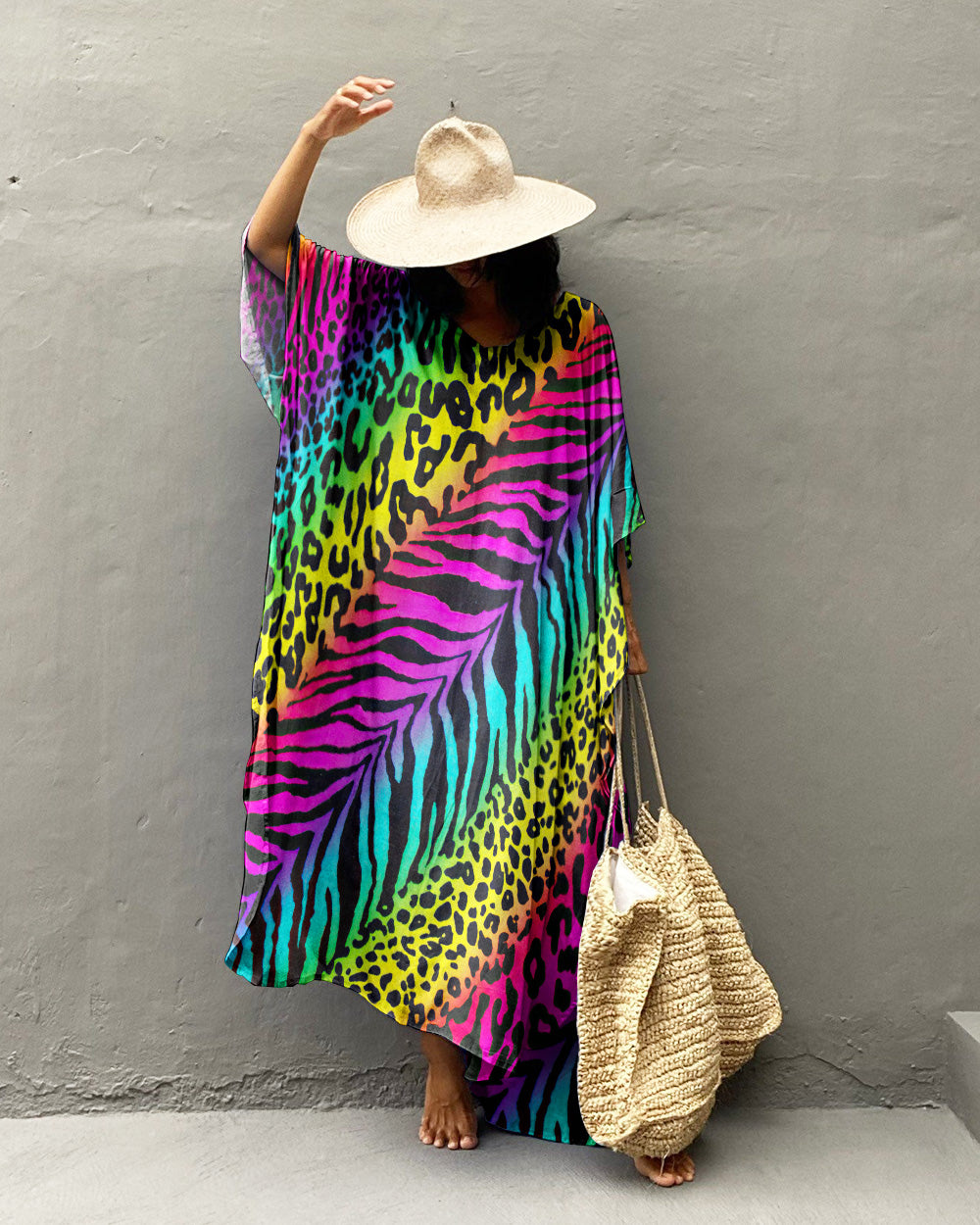 LEOPARD ZEBRA RAINBOW KAFTAN DRESS - TLTW2007235