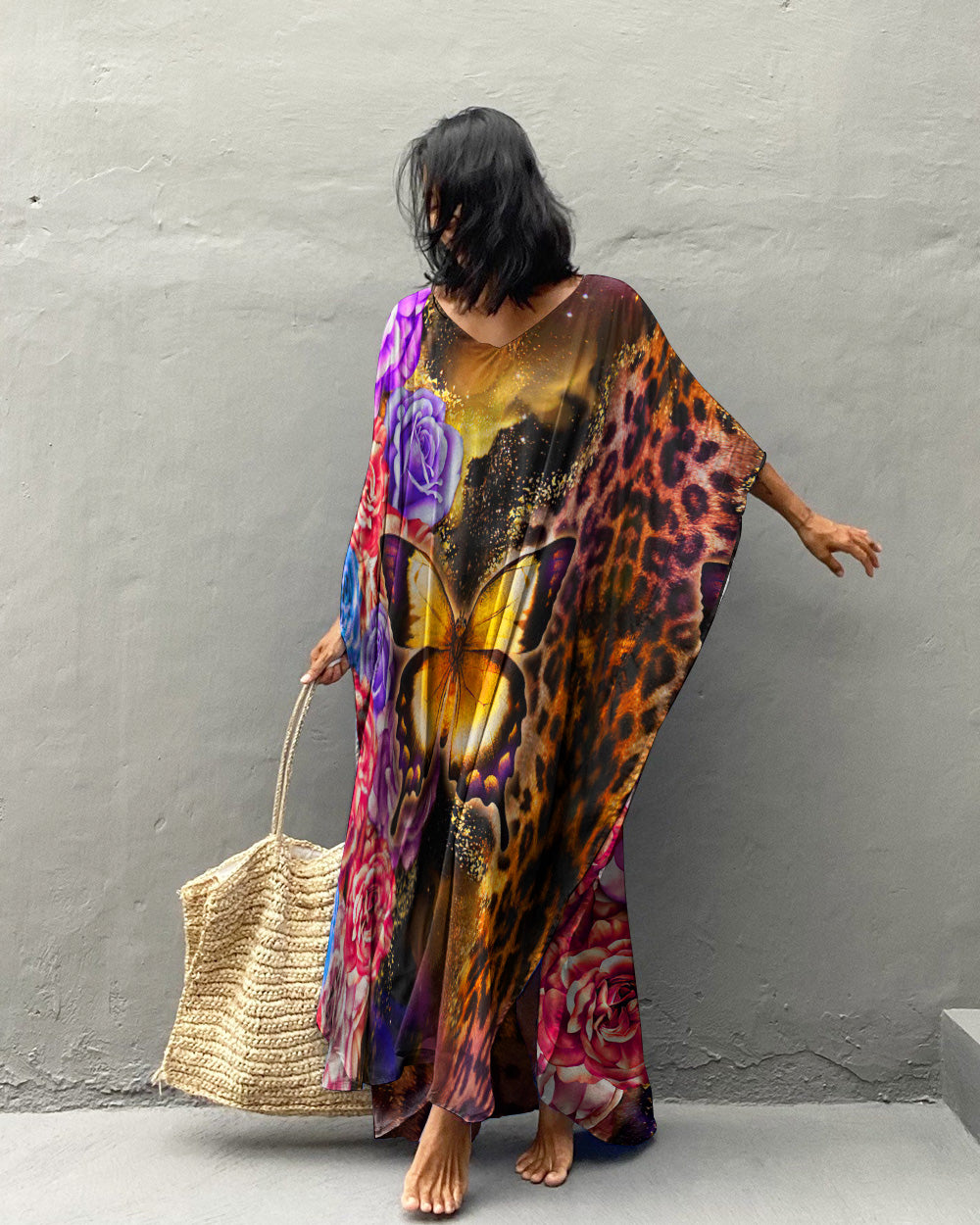 LEOPARD FLOWER BUTTERFLY KAFTAN DRESS - TLTW240723