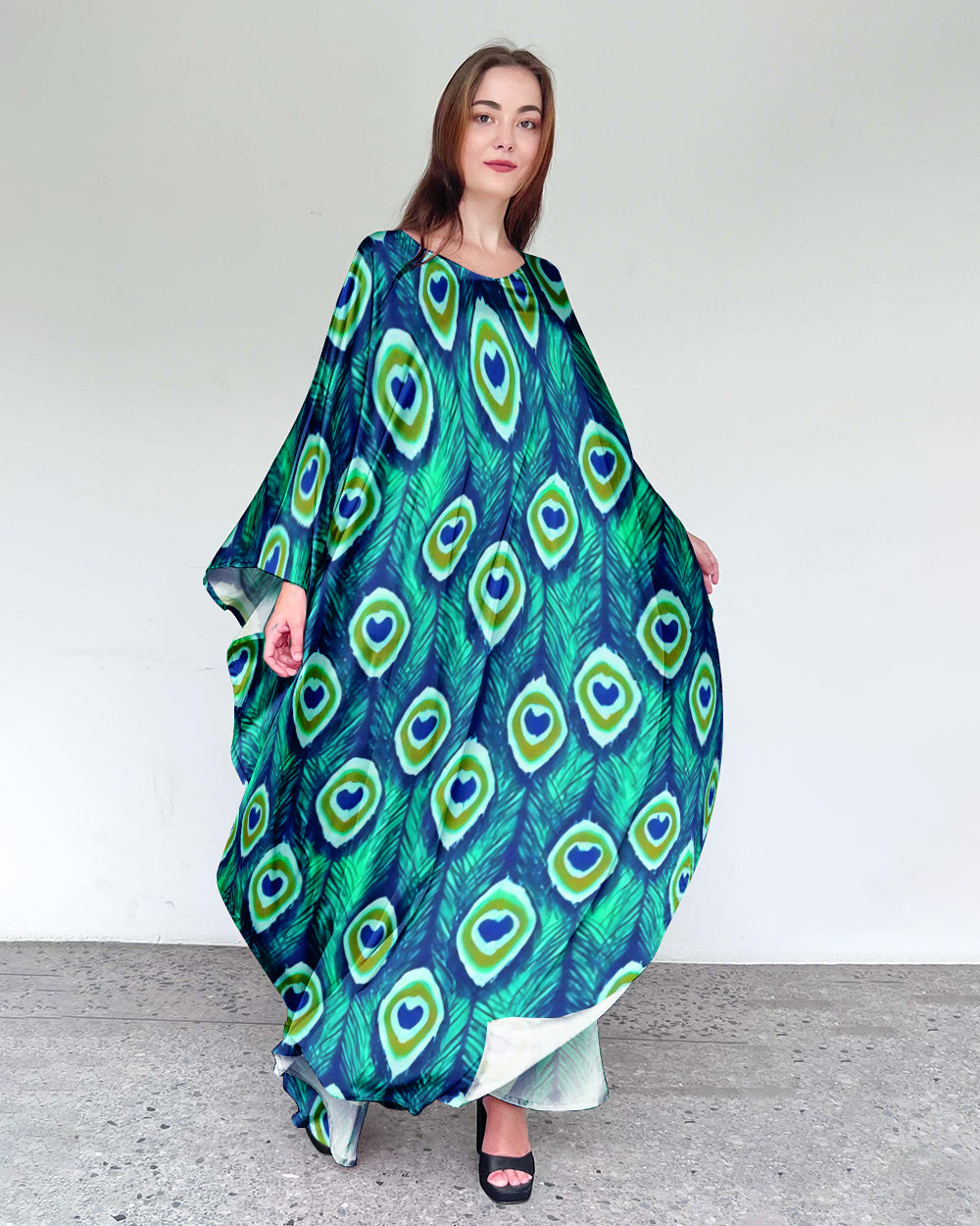 PEACOCK FEATHER PATTERN KAFTAN DRESS - YHDU2807235