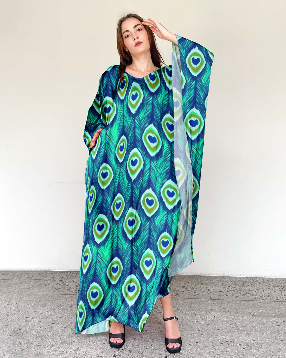 PEACOCK FEATHER PATTERN KAFTAN DRESS - YHDU2807235