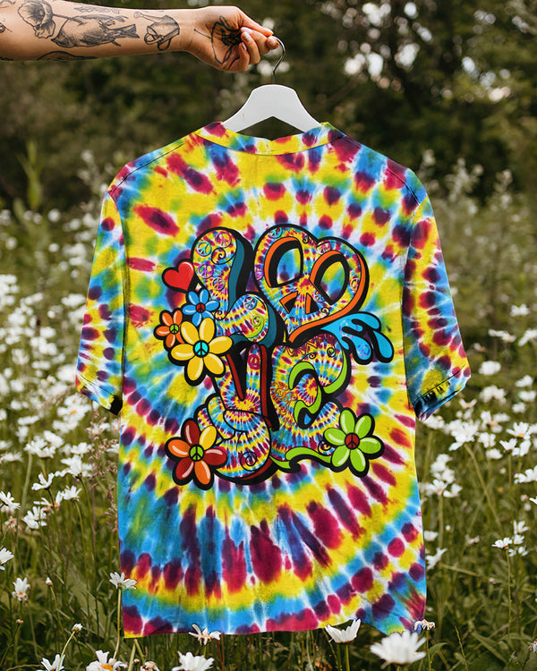 HIPPIE PEACE LOVE FLOWERS TIE DYE HAWAIIAN SHIRT - TY0406243