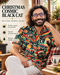CHRISTMAS COSMIC BLACK CAT SWIRL BUTTON-DOWN COLLAR SHIRT - YHLN1310261