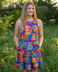 PEACE LOVE AND CATS PATCHWORK FLOUNCE DRESS – KMTM0608261