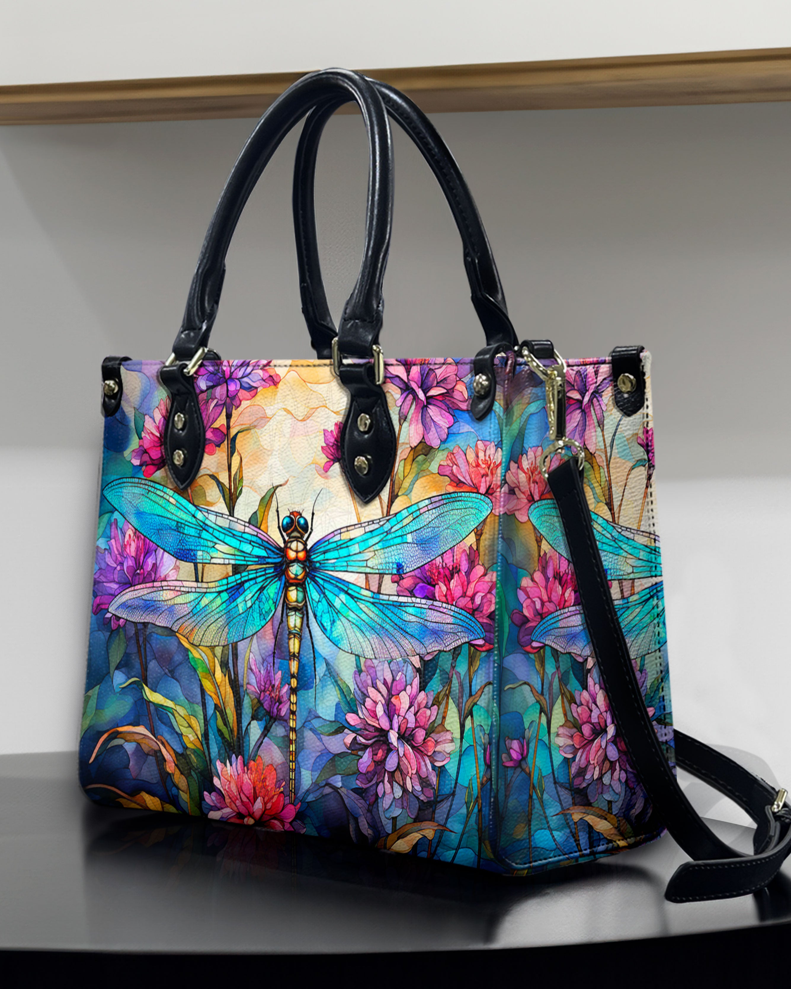 PAINTING DRAGONFLY FLOWERS LEATHER HANDBAG - YHDU1911244