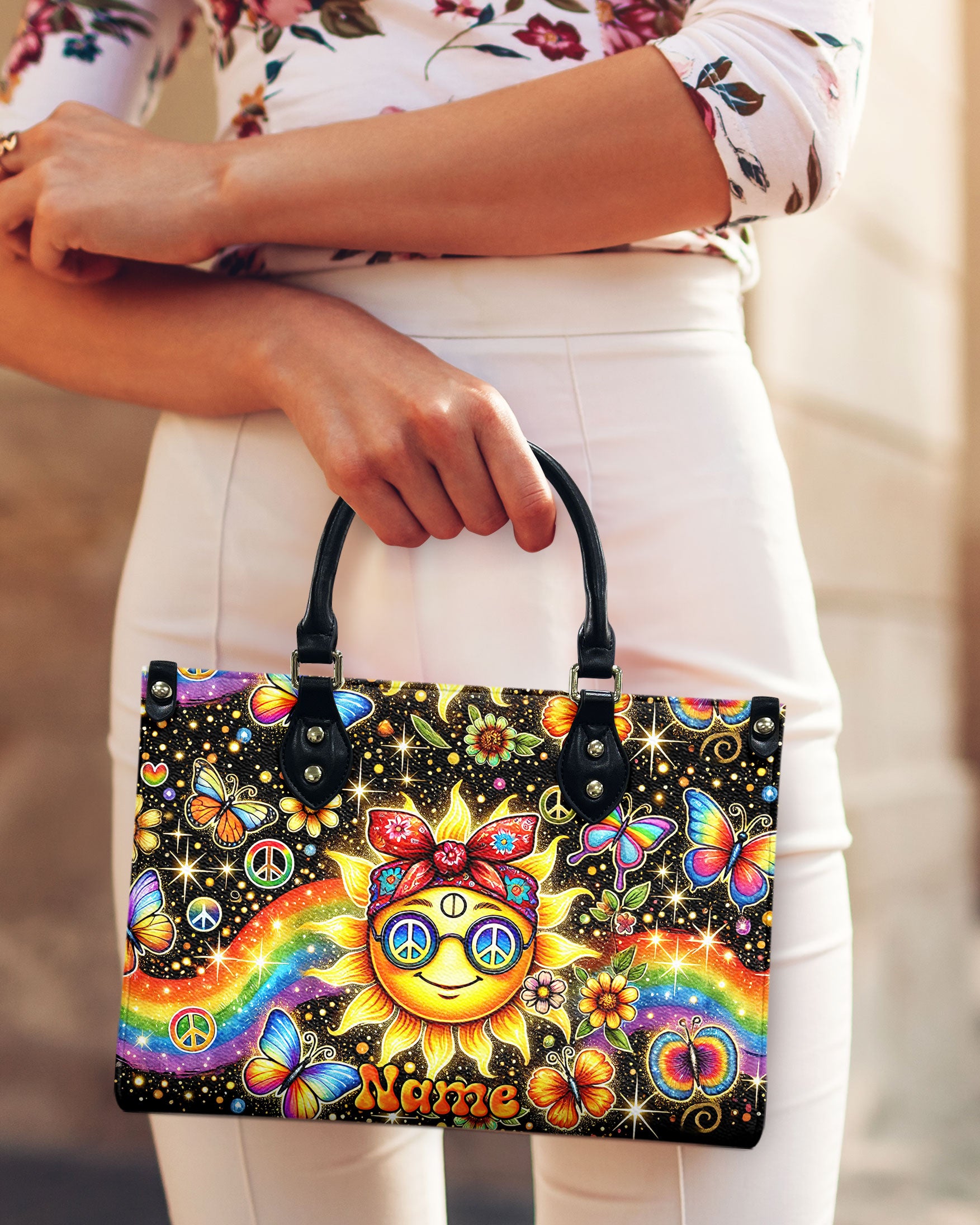 HIPPIE SUN AND RAINBOW LEATHER HAND BAG - TYTM2006242