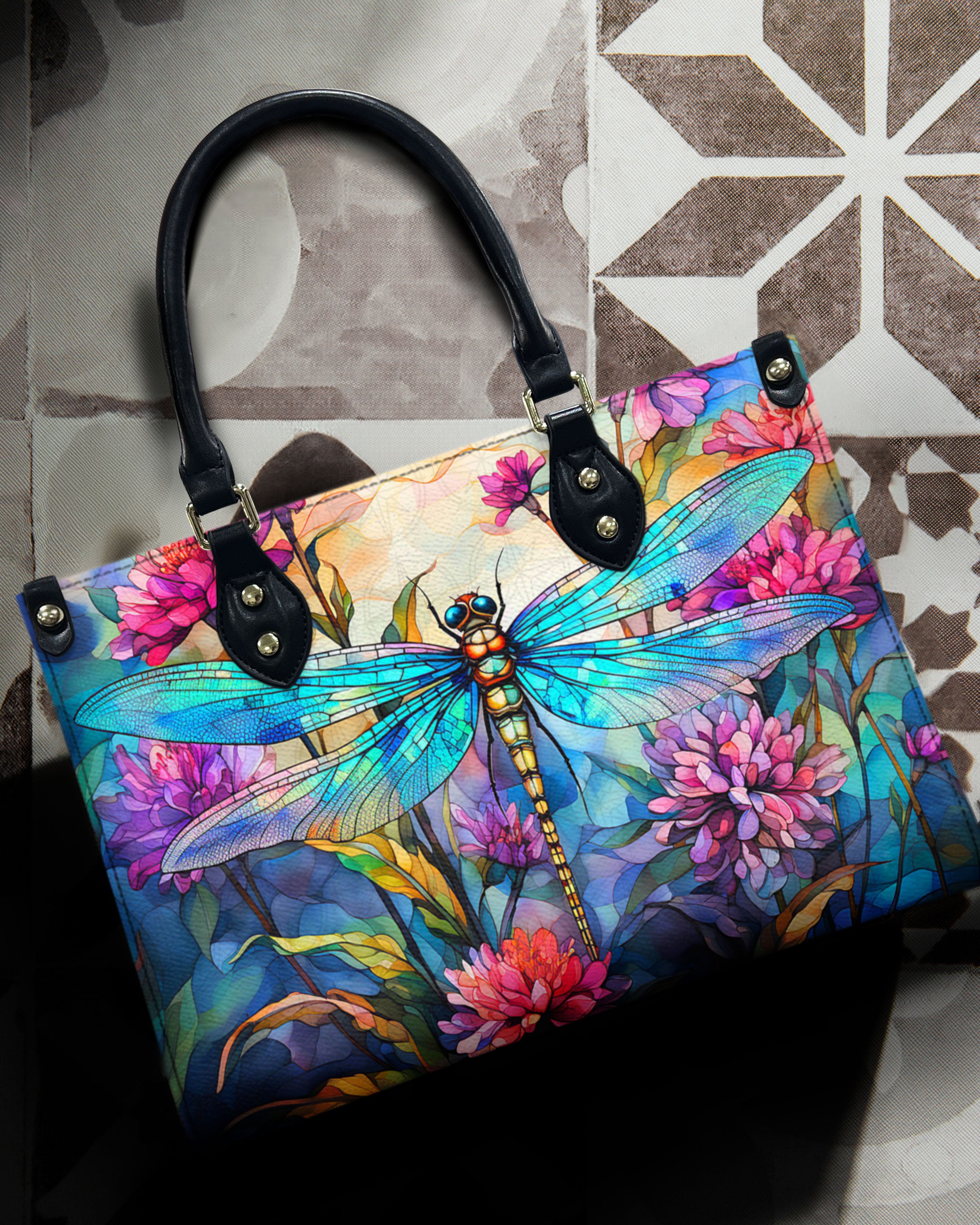 PAINTING DRAGONFLY FLOWERS LEATHER HANDBAG - YHDU1911244