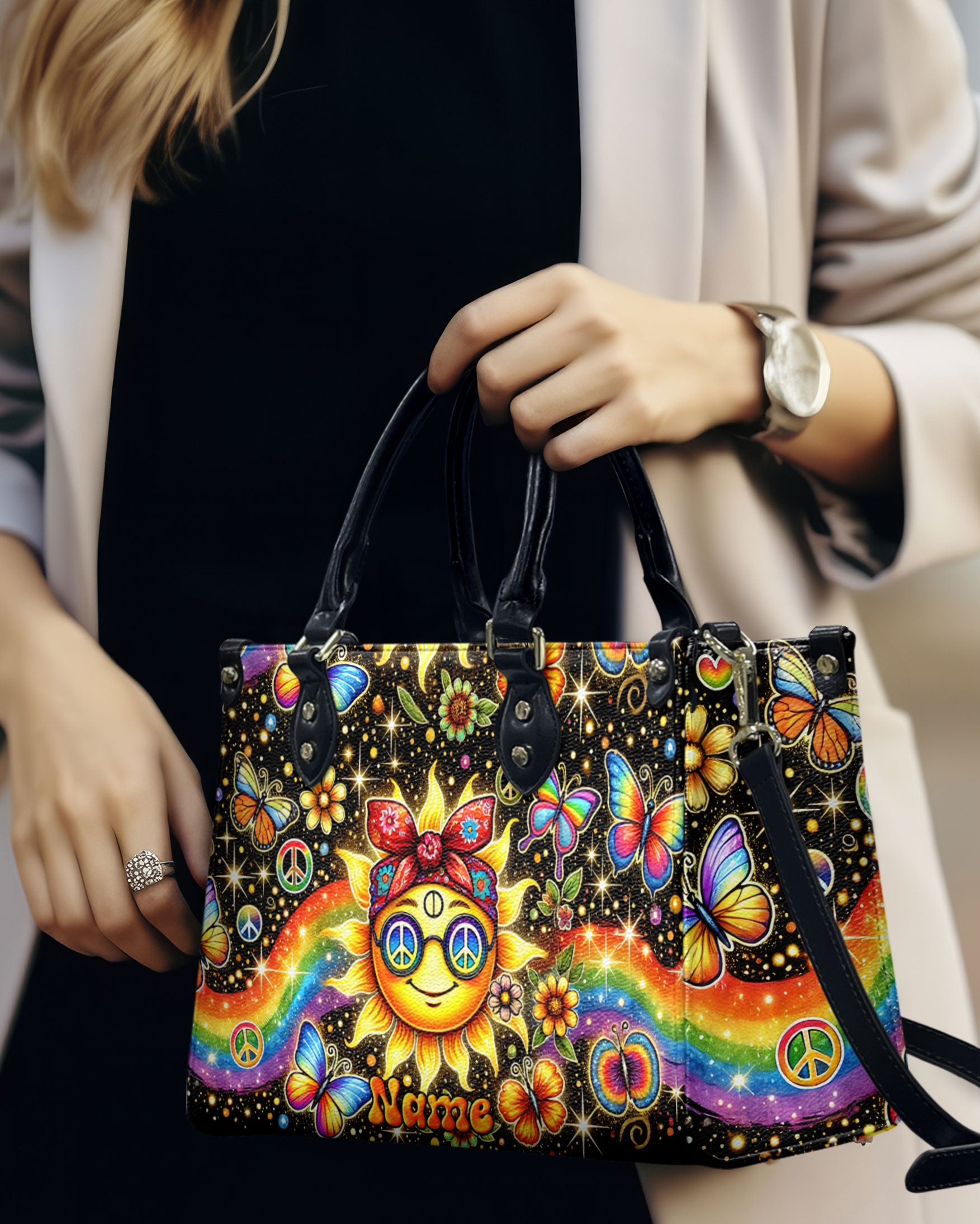 HIPPIE SUN AND RAINBOW LEATHER HAND BAG - TYTM2006242