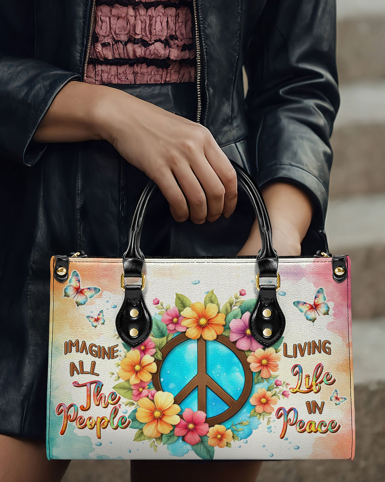 IMAGINE ALL THE PEOPLE LIVING LIFE IN PEACE LEATHER HANDBAG - YHDU1208244