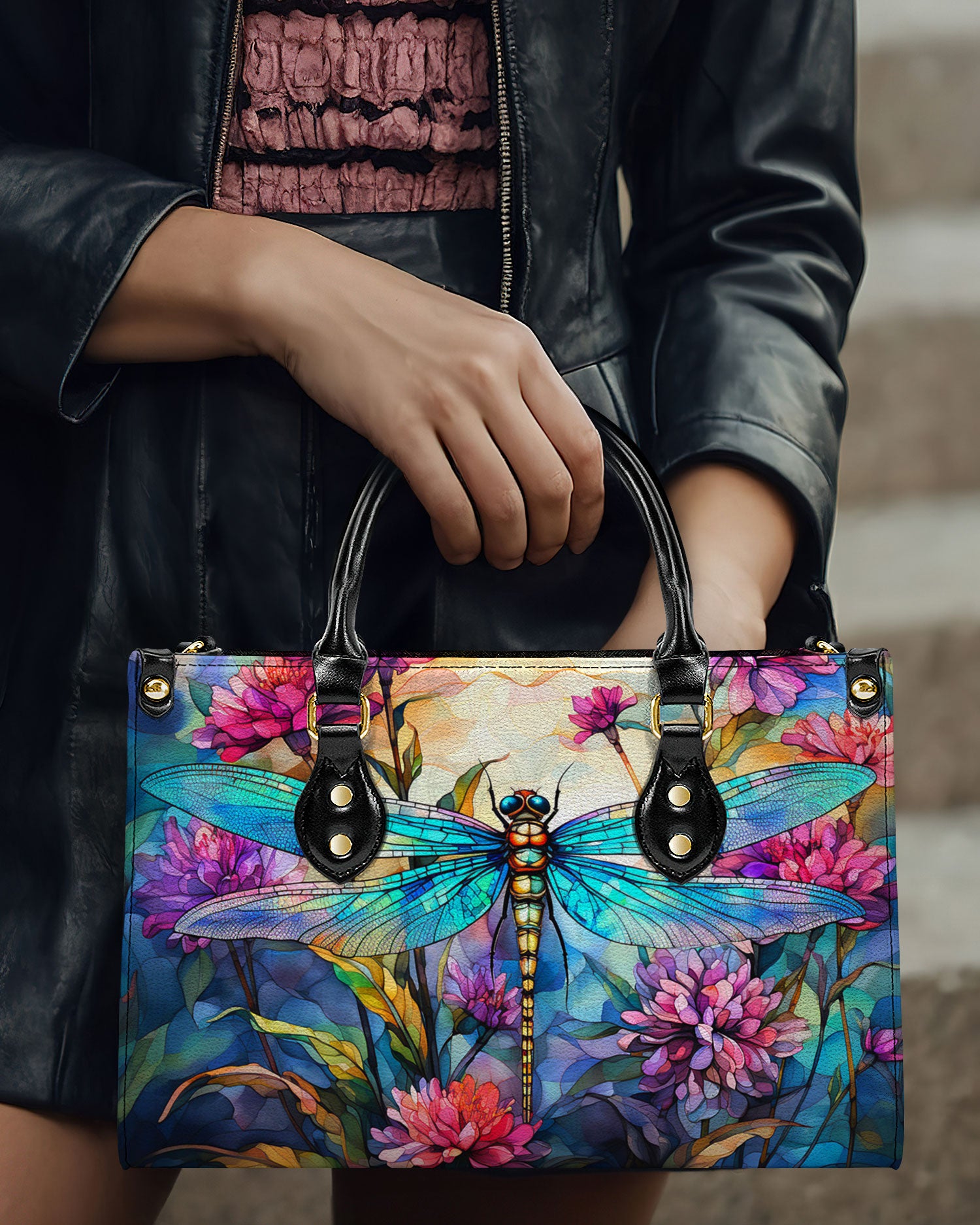 PAINTING DRAGONFLY FLOWERS LEATHER HANDBAG - YHDU1911244