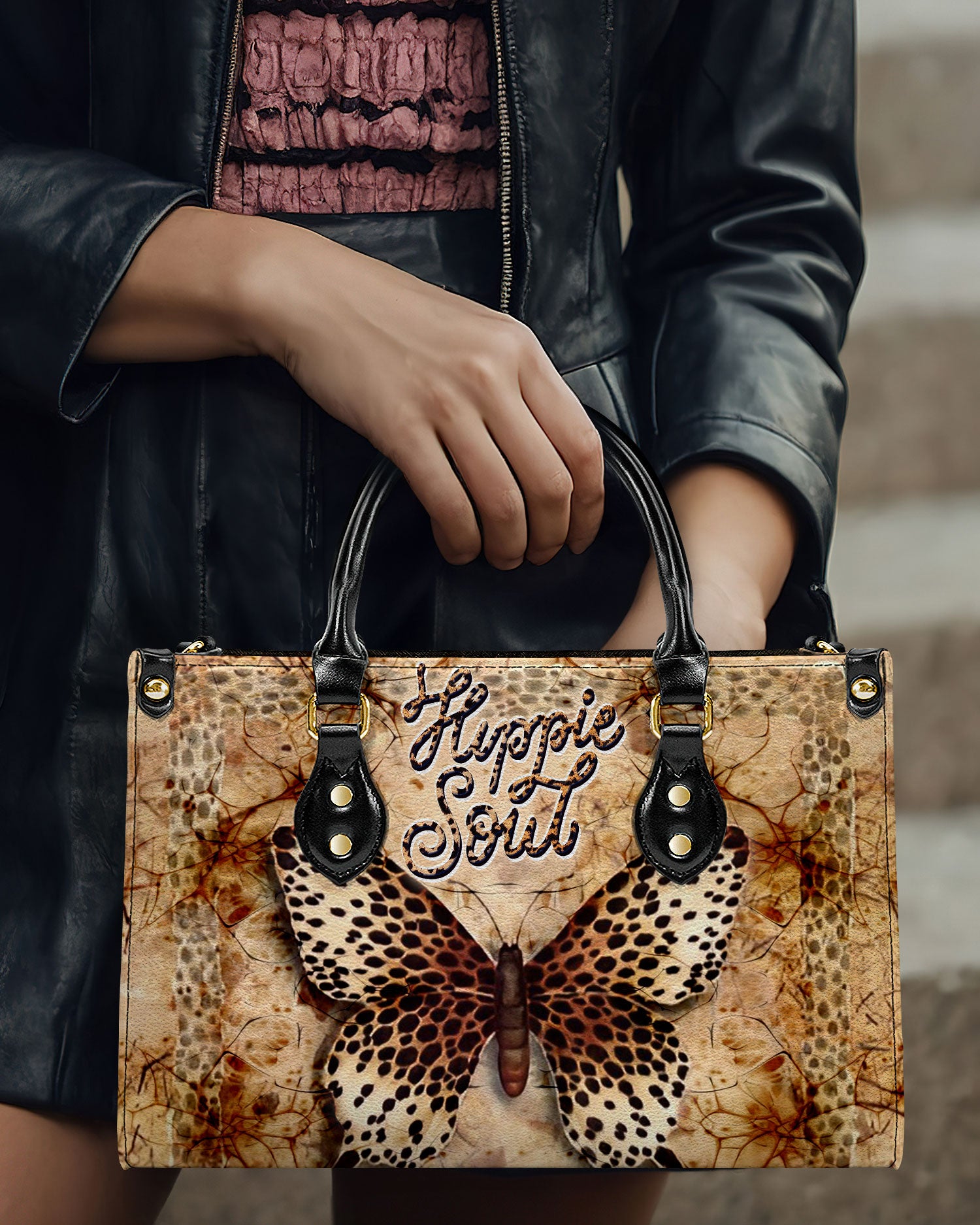 HIPPIE SOUL BUTTERFLY LEOPARD LEATHER HANDBAG - YHDU0407241