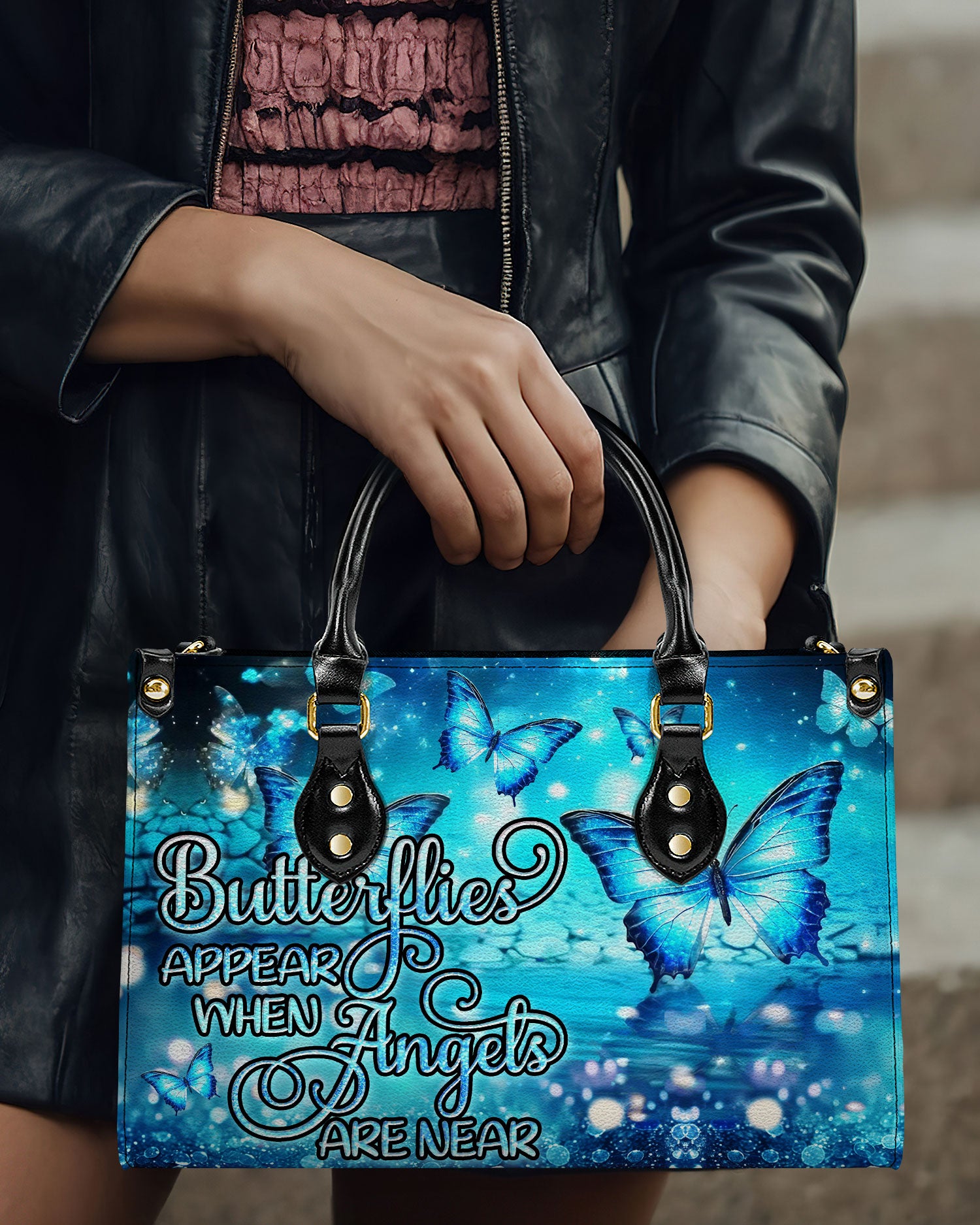 BUTTERFLIES APPEAR WHEN ANGELS ARE NEAR LEATHER HANDBAG - YHDU1107242